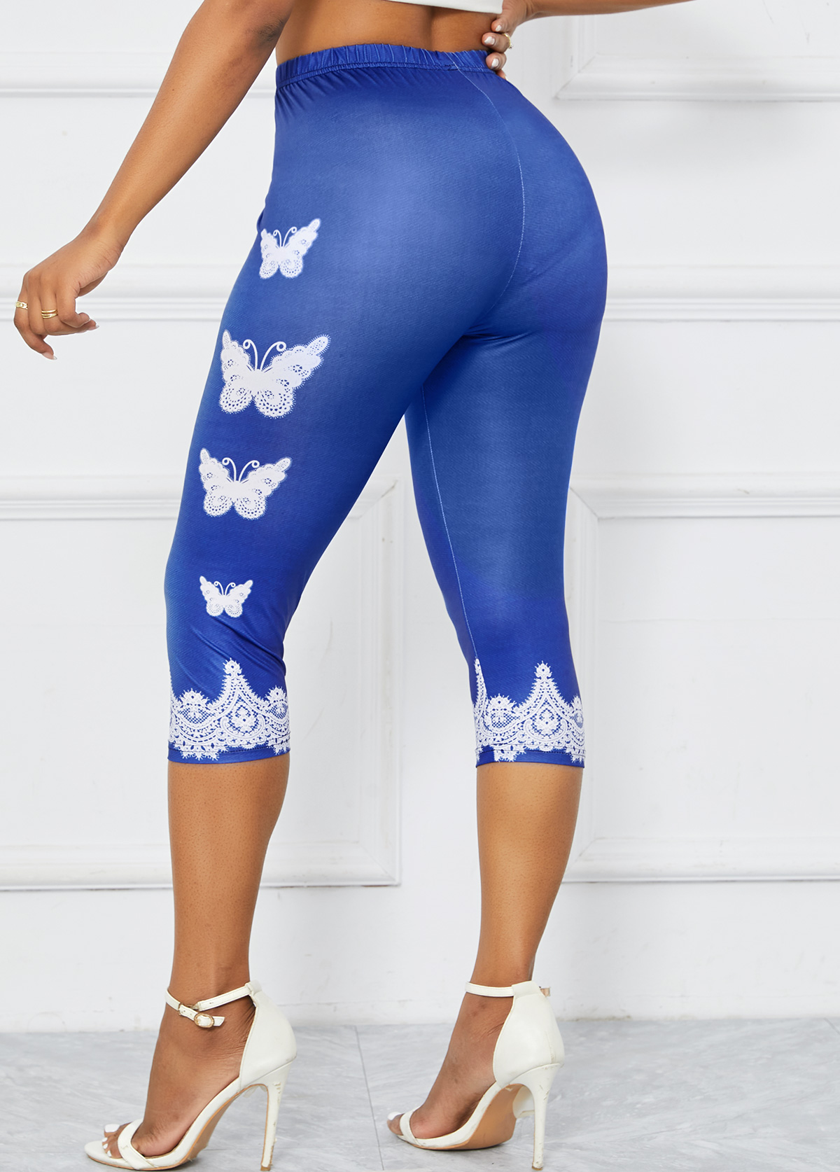 Dark Blue Butterfly Print High Waisted Capri Leggings
