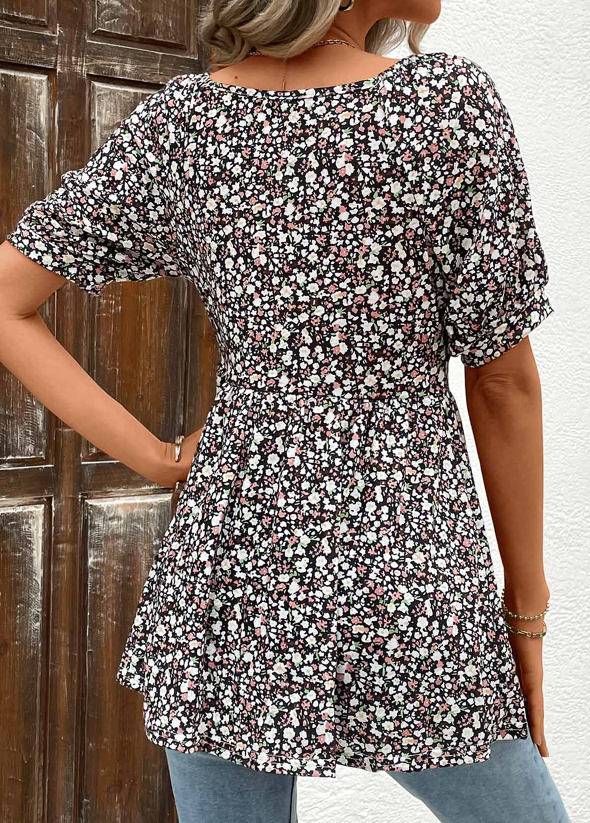 Black Ruched Ditsy Floral Print Short Sleeve Blouse | picture 