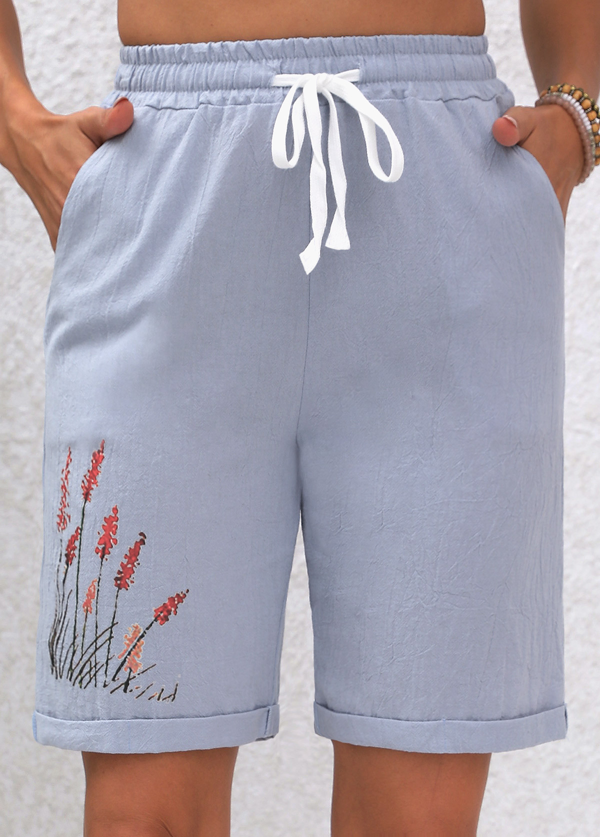 Dusty Blue Double Side Pockets Plants Print Shorts