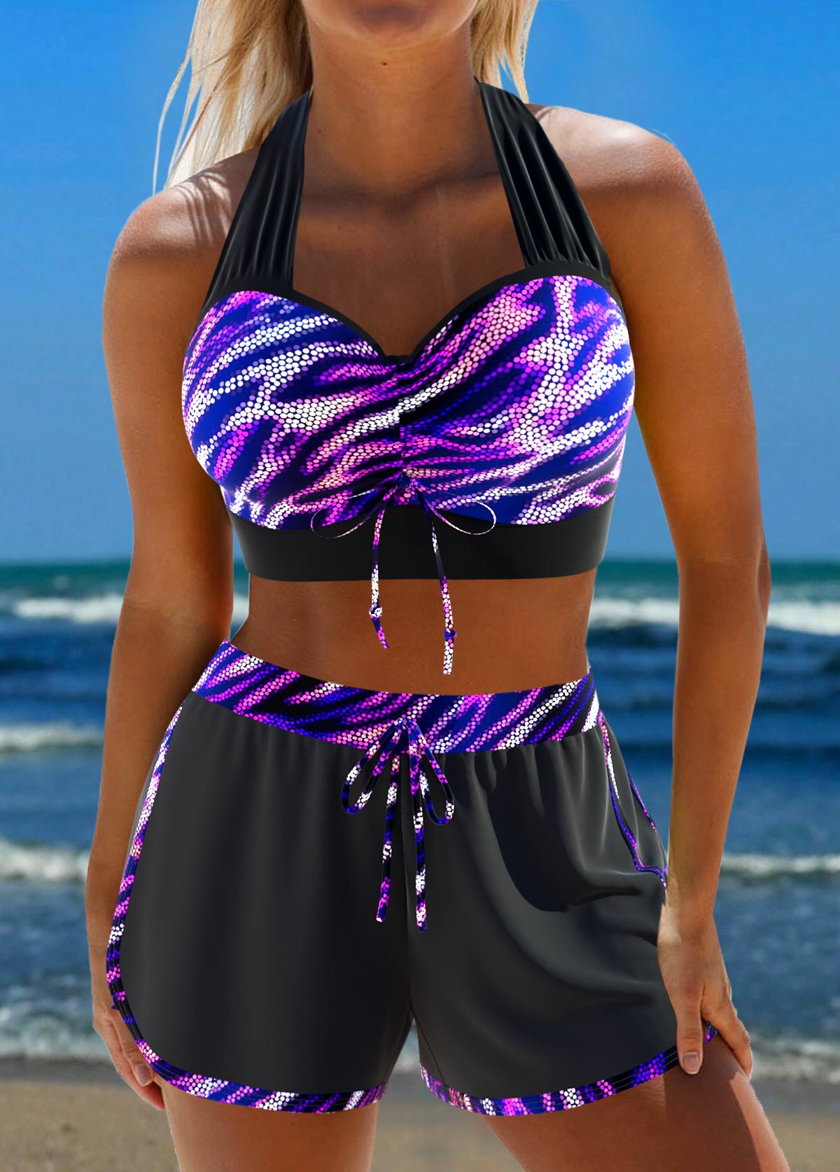 Criss Cross Zebra Stripe Print Black Bikini Set | picture 