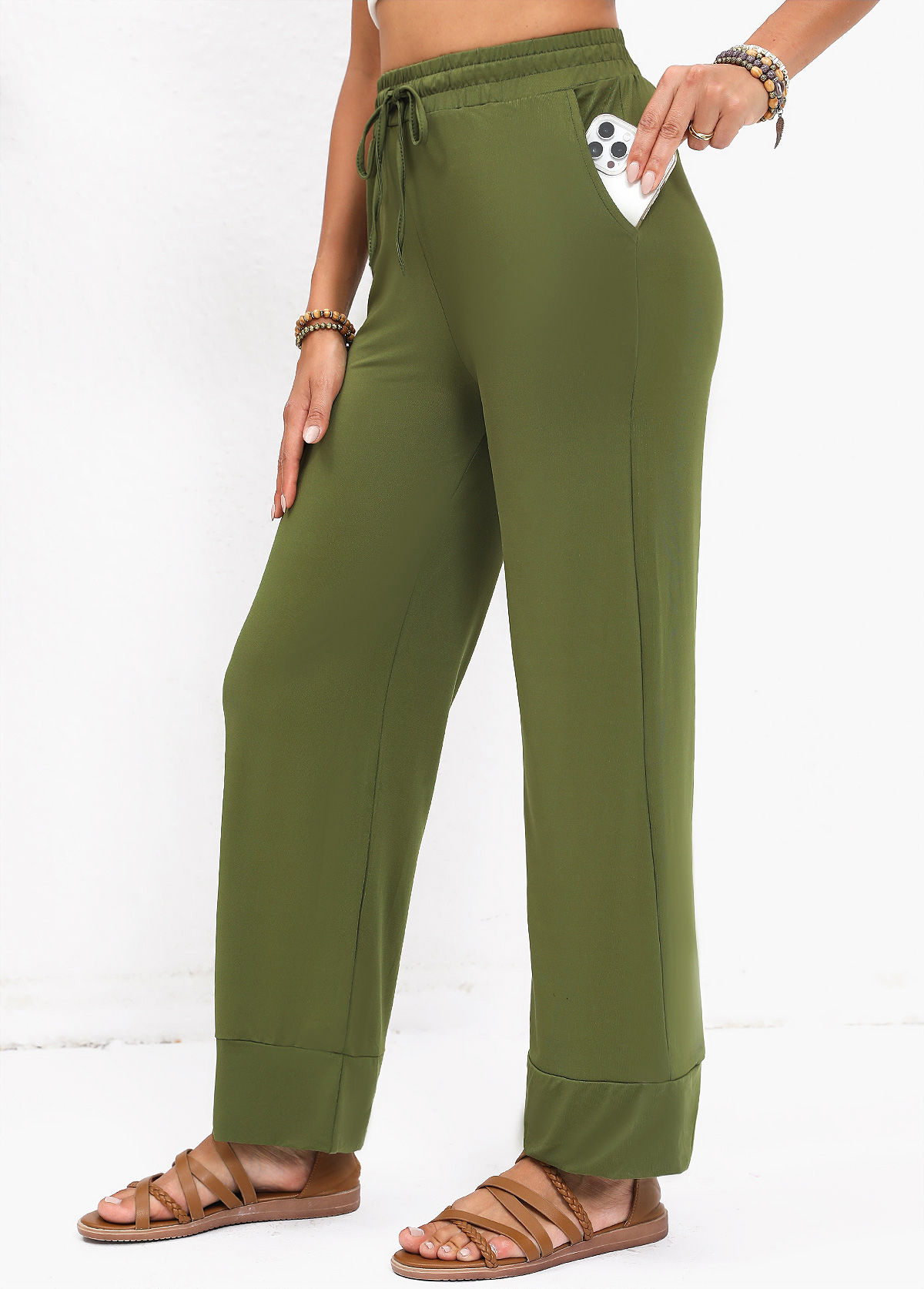 Olive Green Pocket Elastic Waist High Waisted Pants