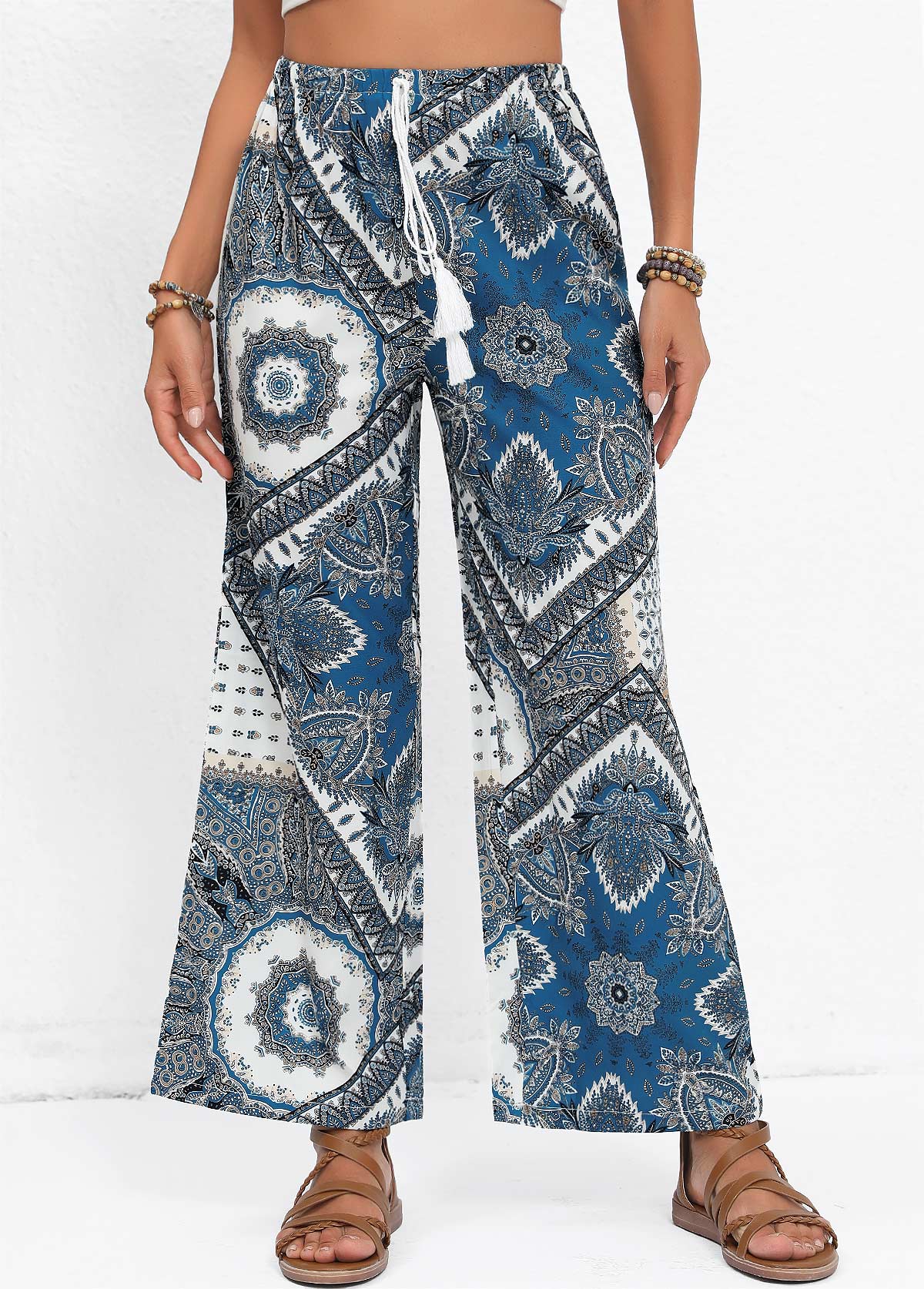 Denim Blue Tassel Tribal Print Elastic Waist Pants