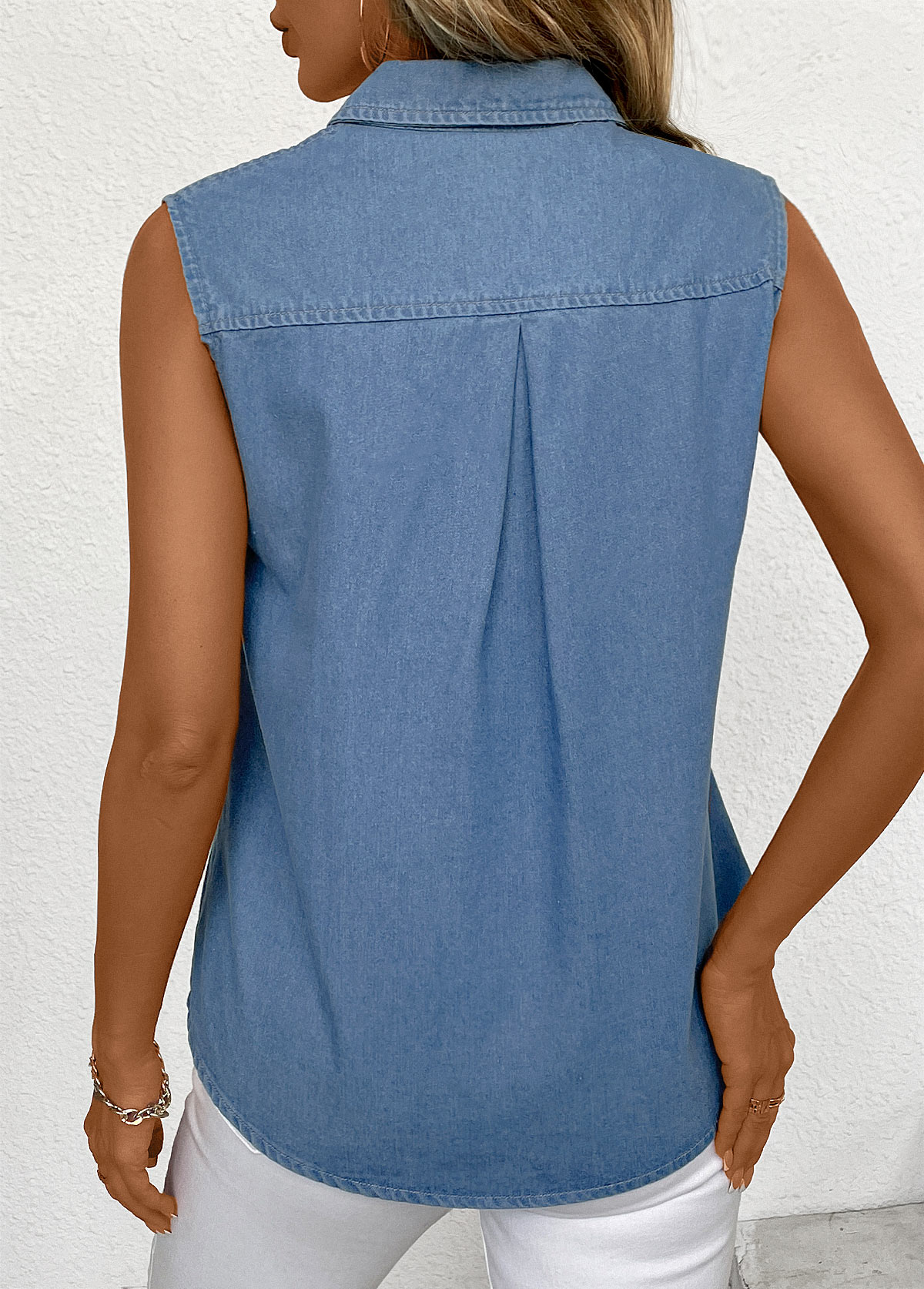 Denim Blue Pocket Sleeveless Shirt Collar Tank Top