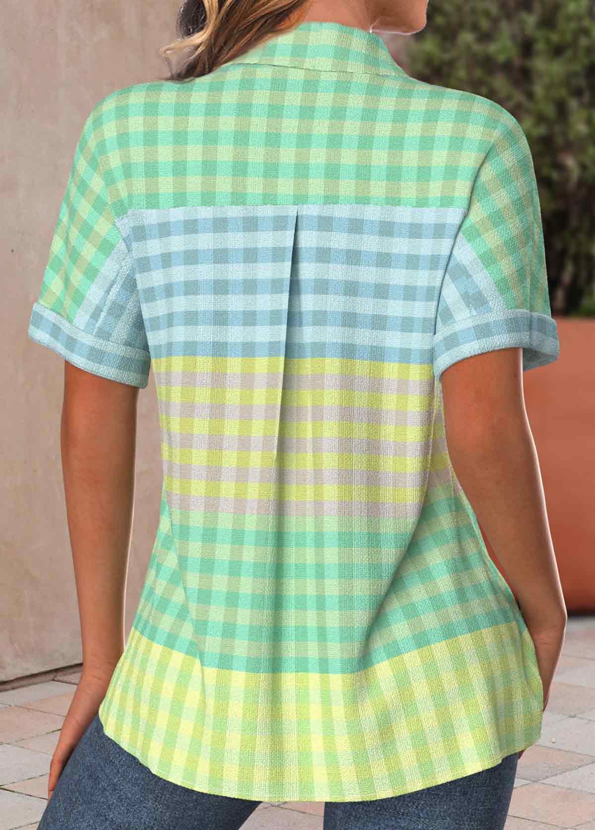 Plus Size Multi Color Pocket Plaid Short Sleeve Blouse | picture 