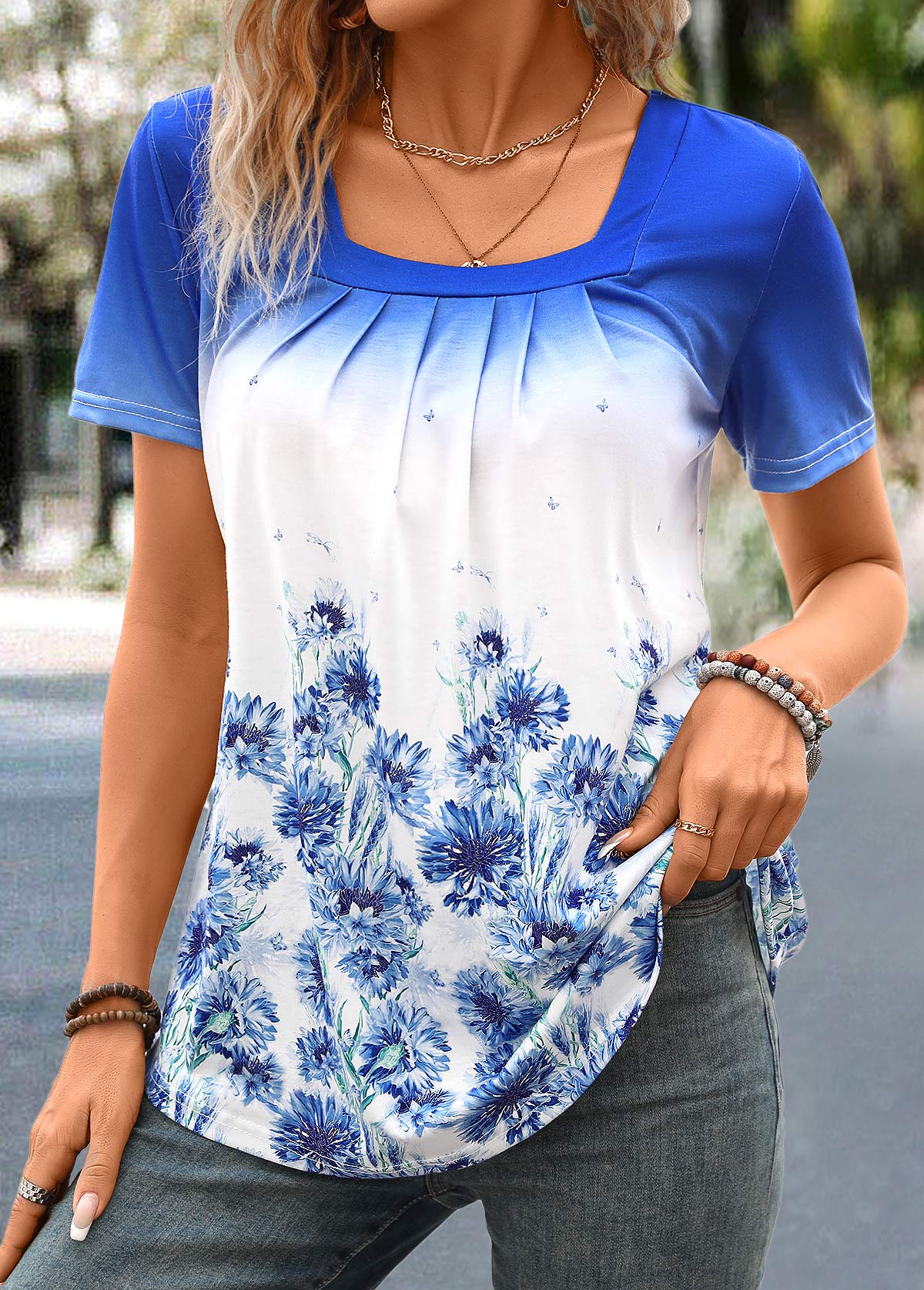 Purplish Blue Pleated Floral Print Short Sleeve T Shirt
