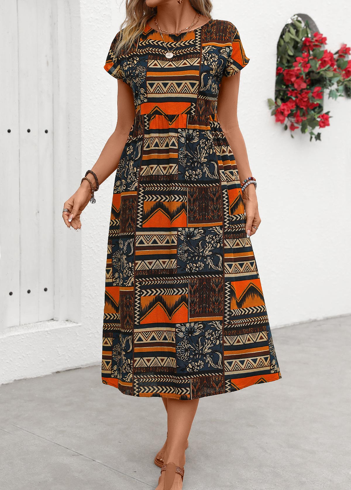 Orange Pocket Tribal Print Short Sleeve Round Neck Dress