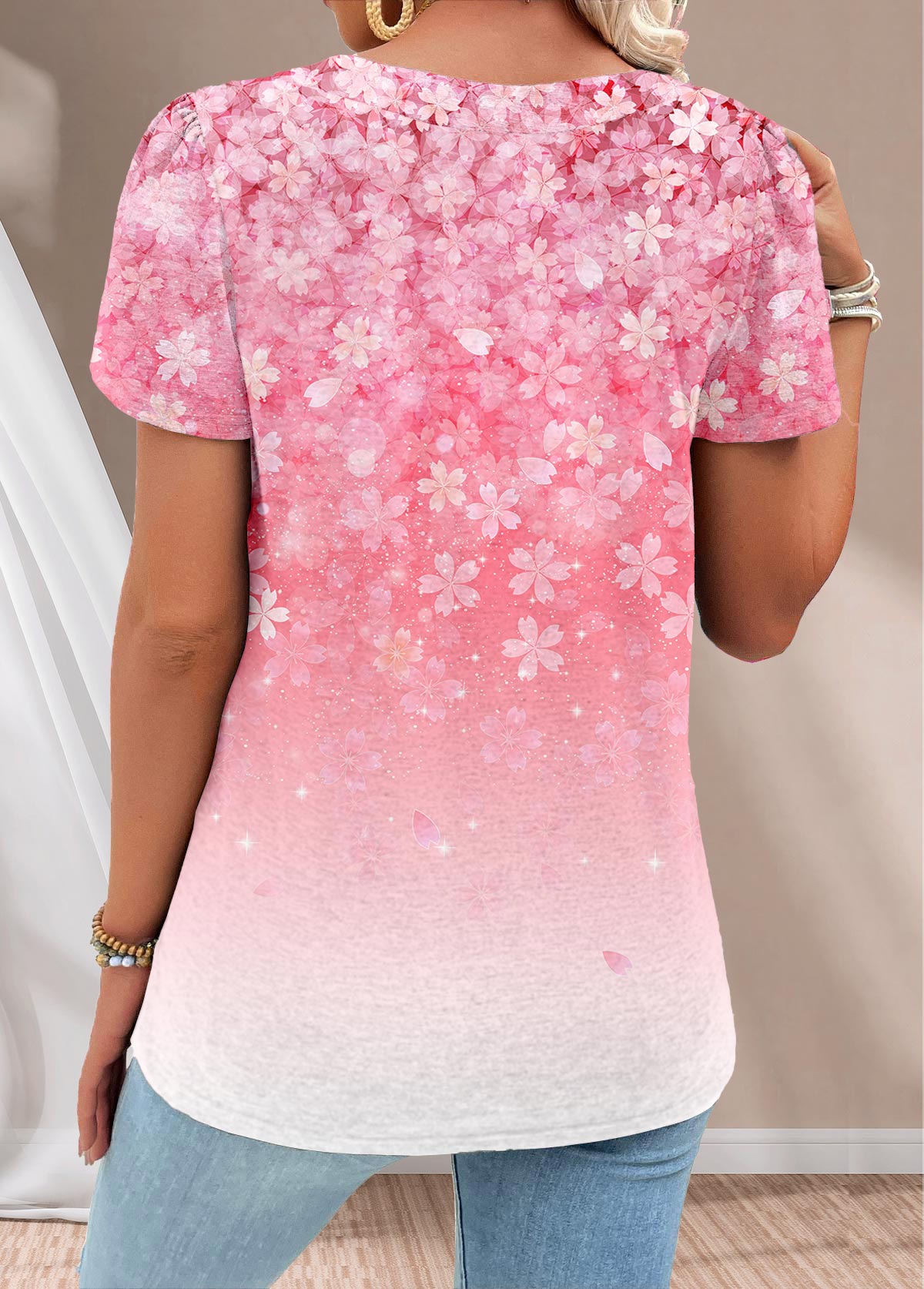 Pink Button Floral Print Short Sleeve T Shirt
