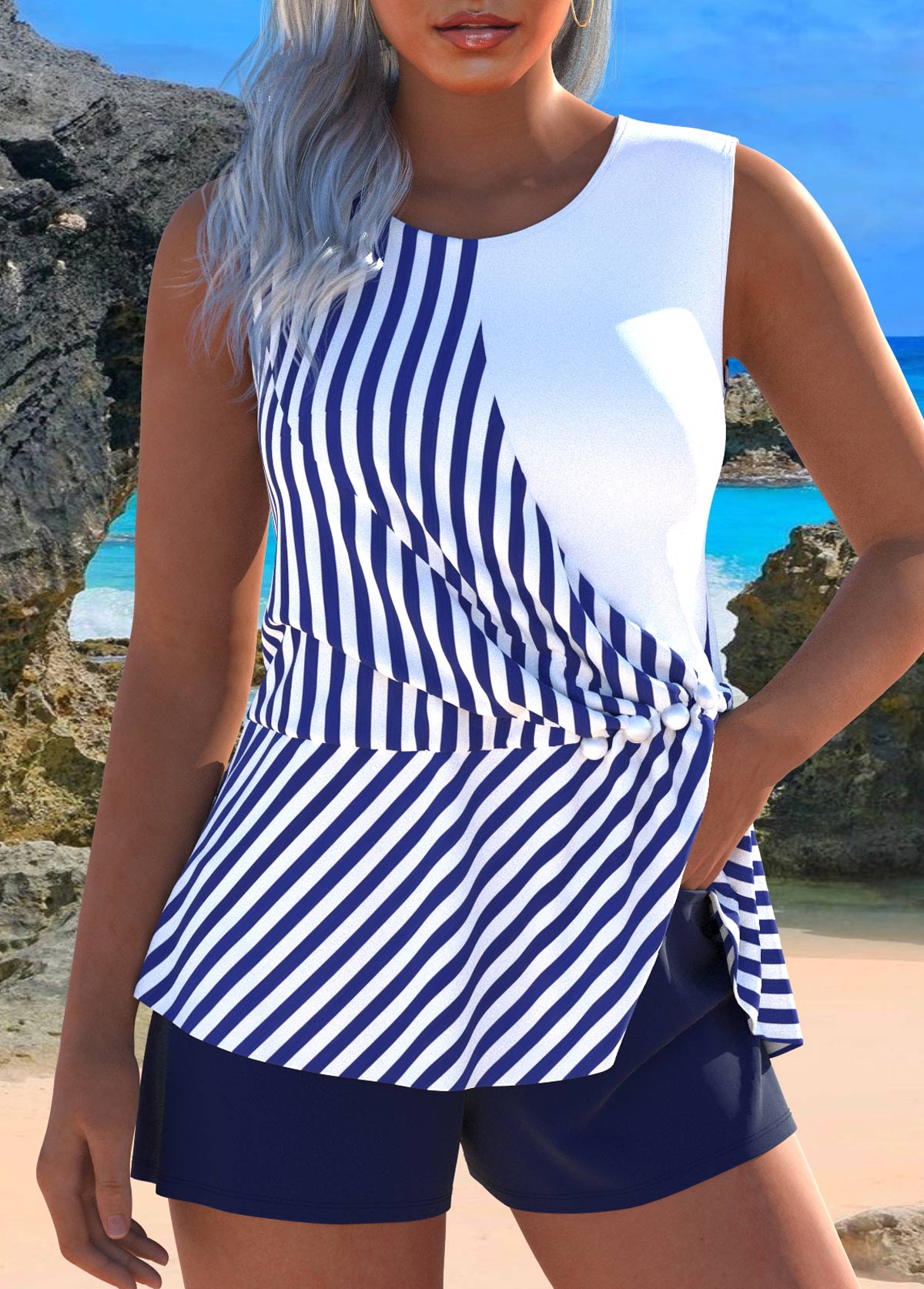 Ruched Button Striped Navy Tankini Set