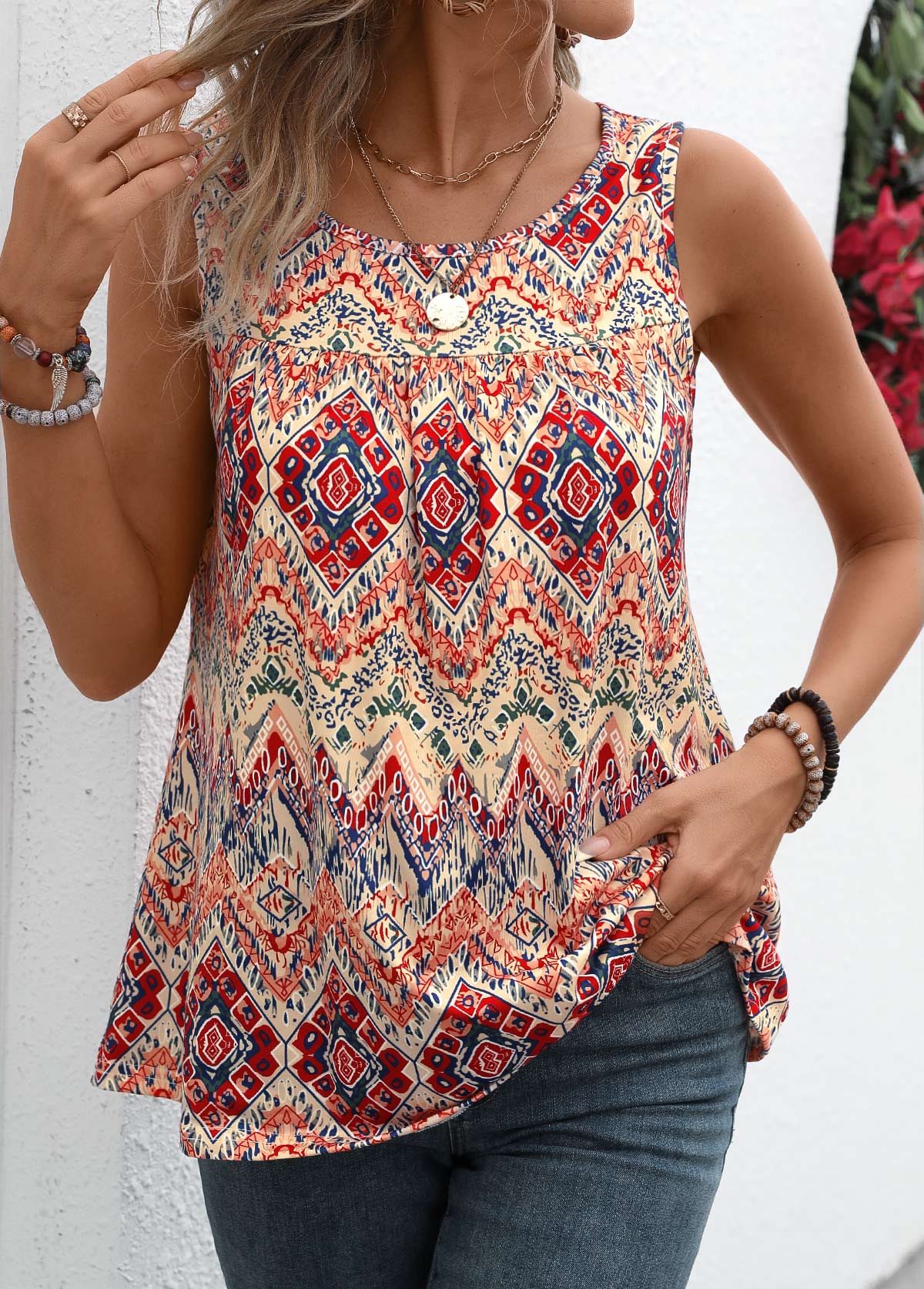 Multi Color Ruched Tribal Print Sleeveless Tank Top
