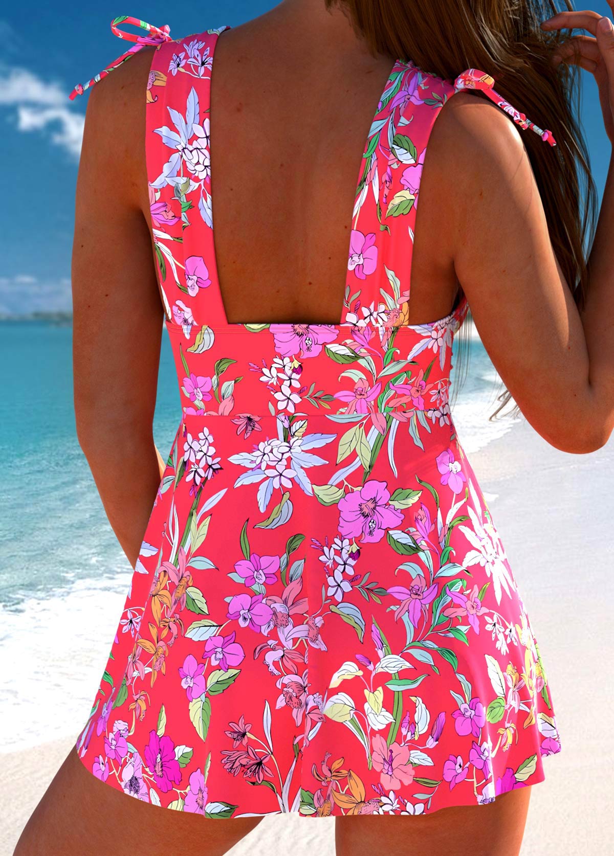 Drawstring Mid Waisted Floral Print Coral Tankini Set | picture 