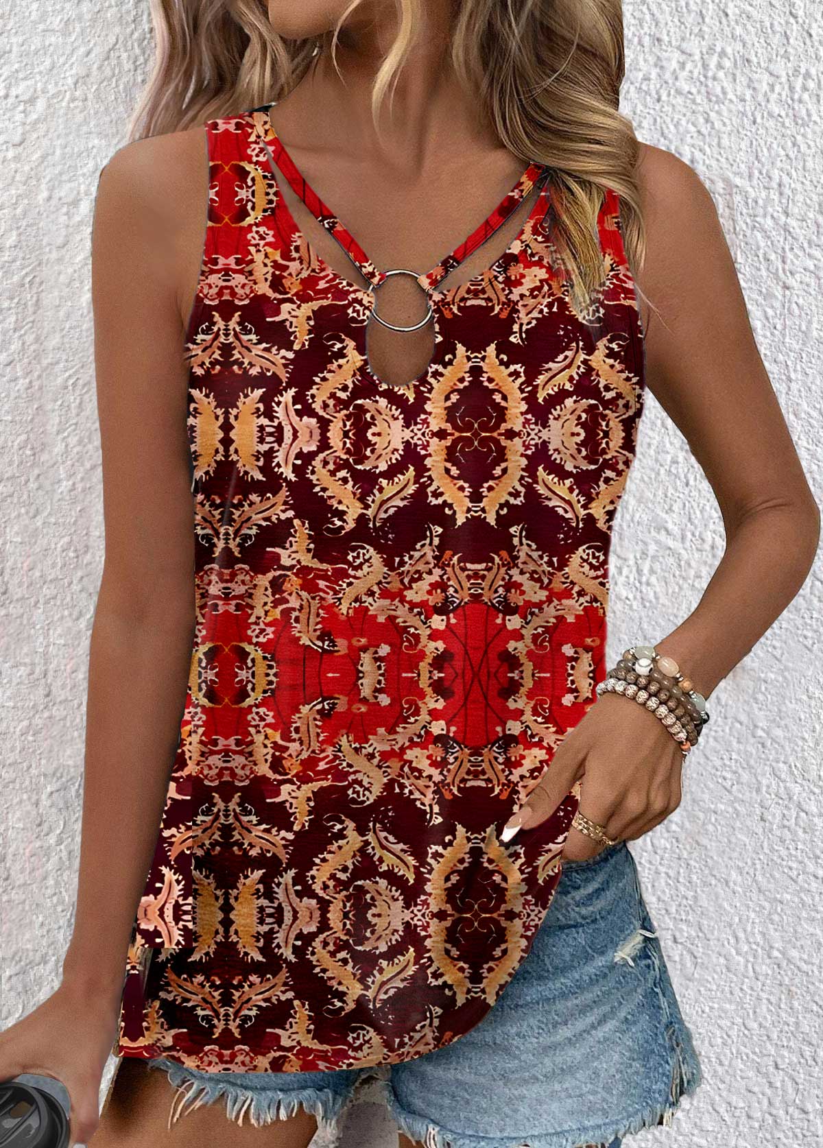 Red Cut Out Tribal Print Sleeveless Tank Top