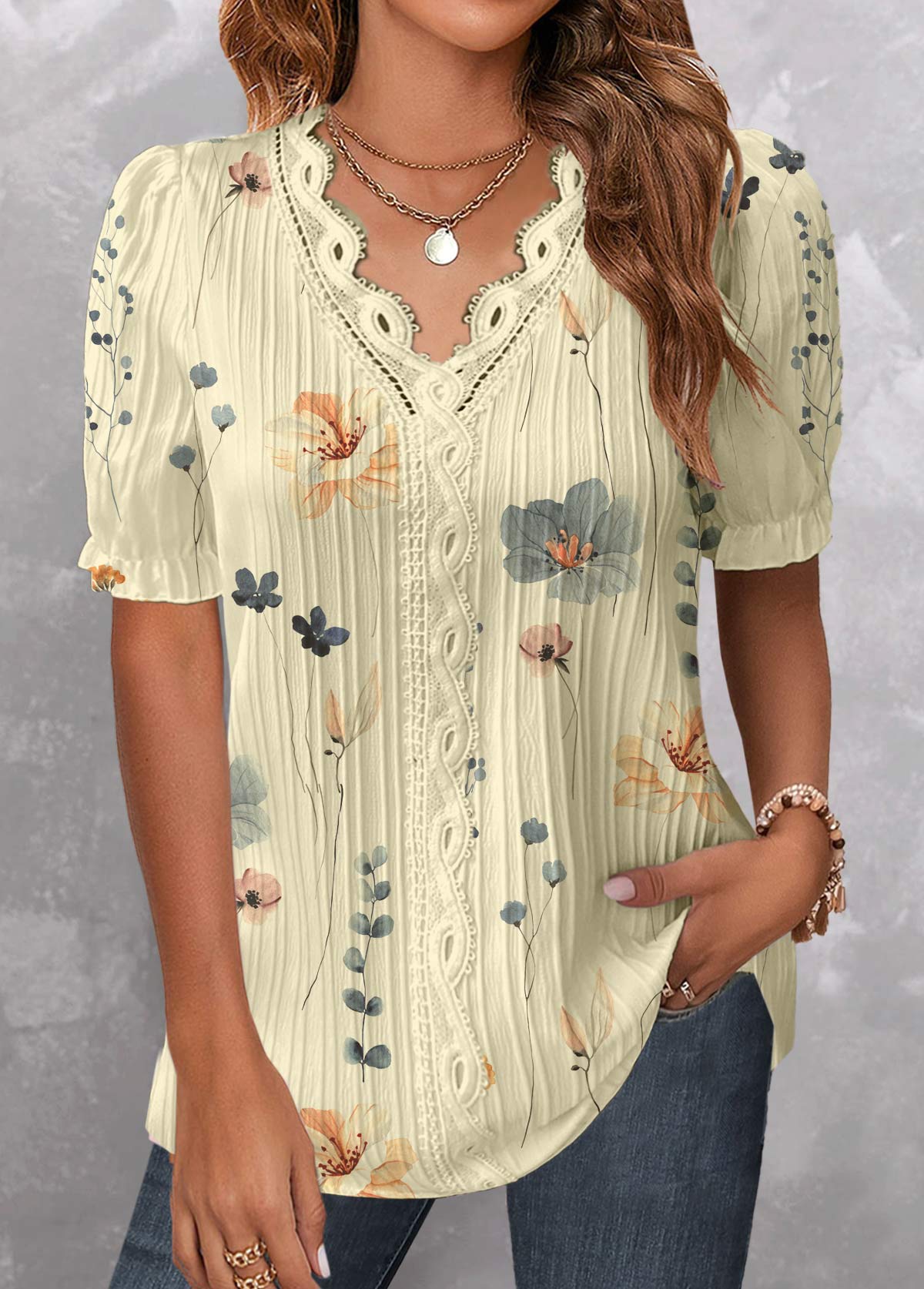 Light Yellow Patchwork Floral Print Short Sleeve Blouse | picture 