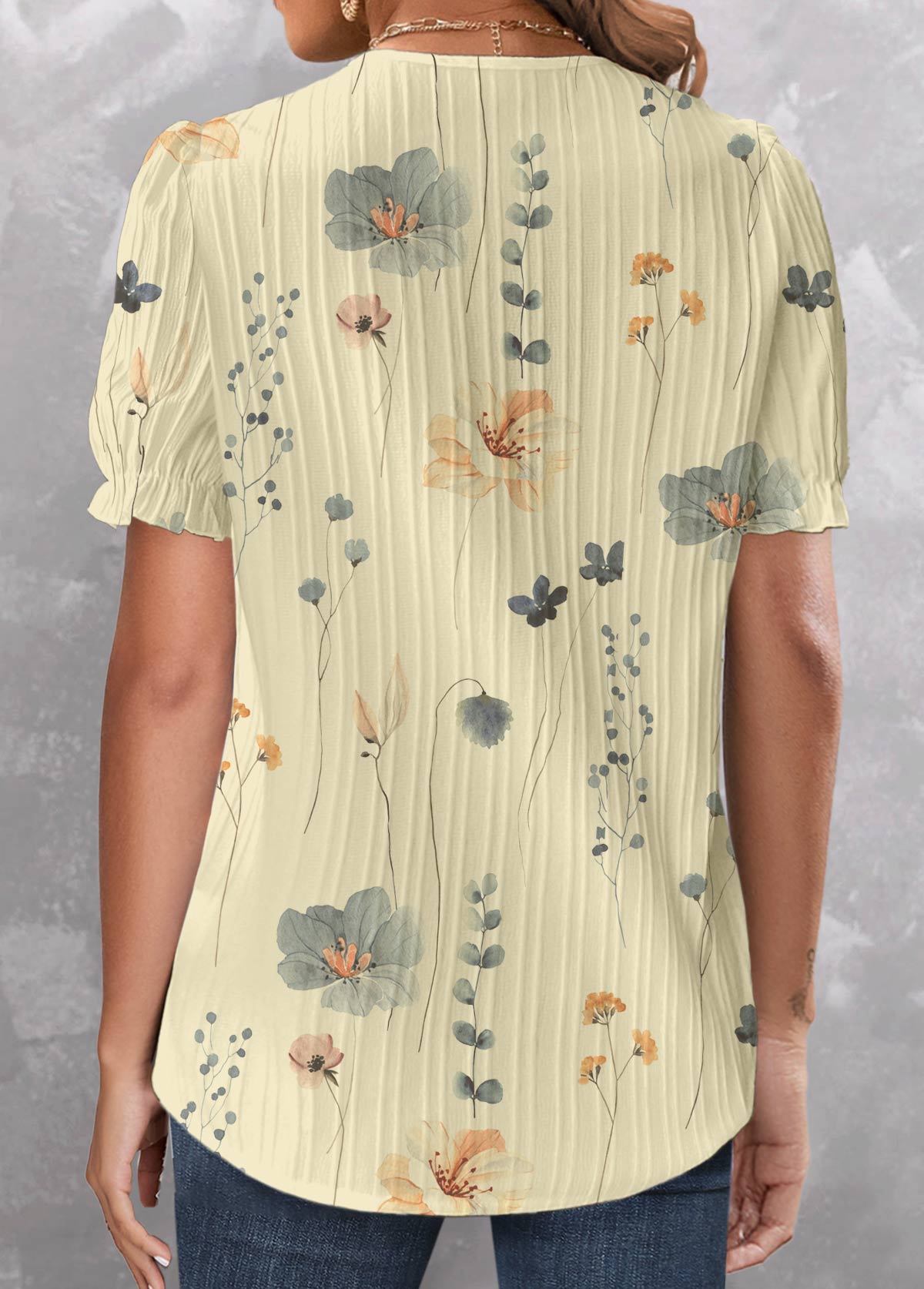 Light Yellow Patchwork Floral Print Short Sleeve Blouse | picture 