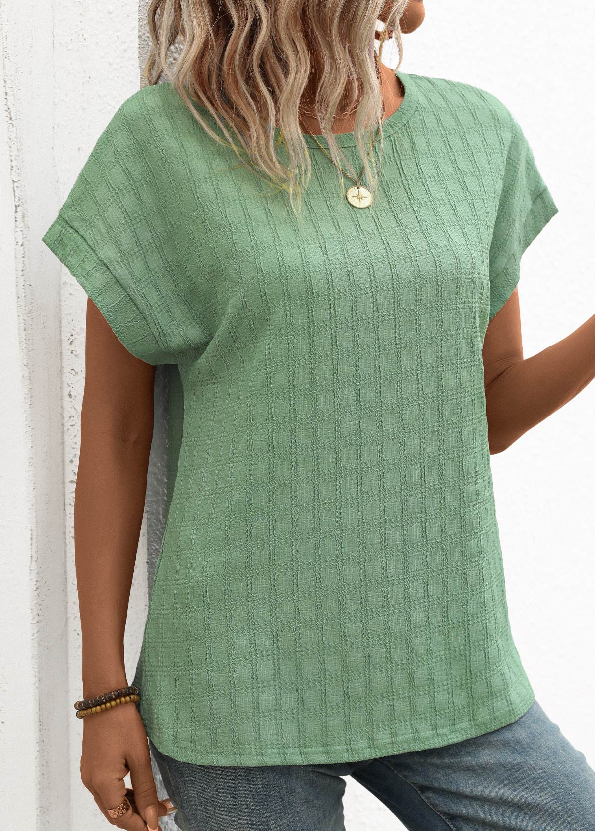 Green Textured Fabric Short Sleeve Round Neck T Shirt