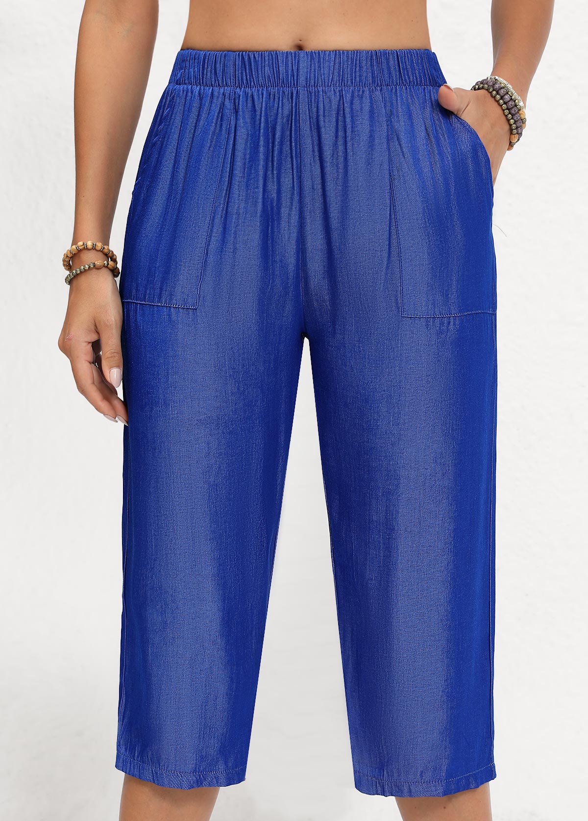 Denim Blue Double Side Pockets Elastic Waist Pants