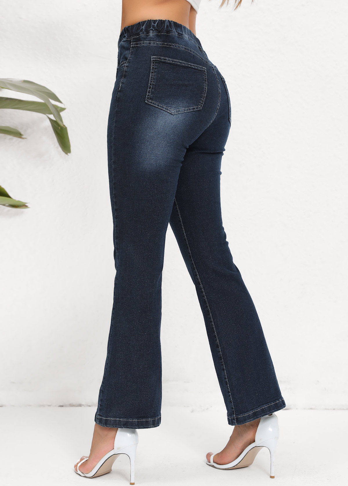 Denim Blue Pocket Flare Leg Elastic Waist Jeans
