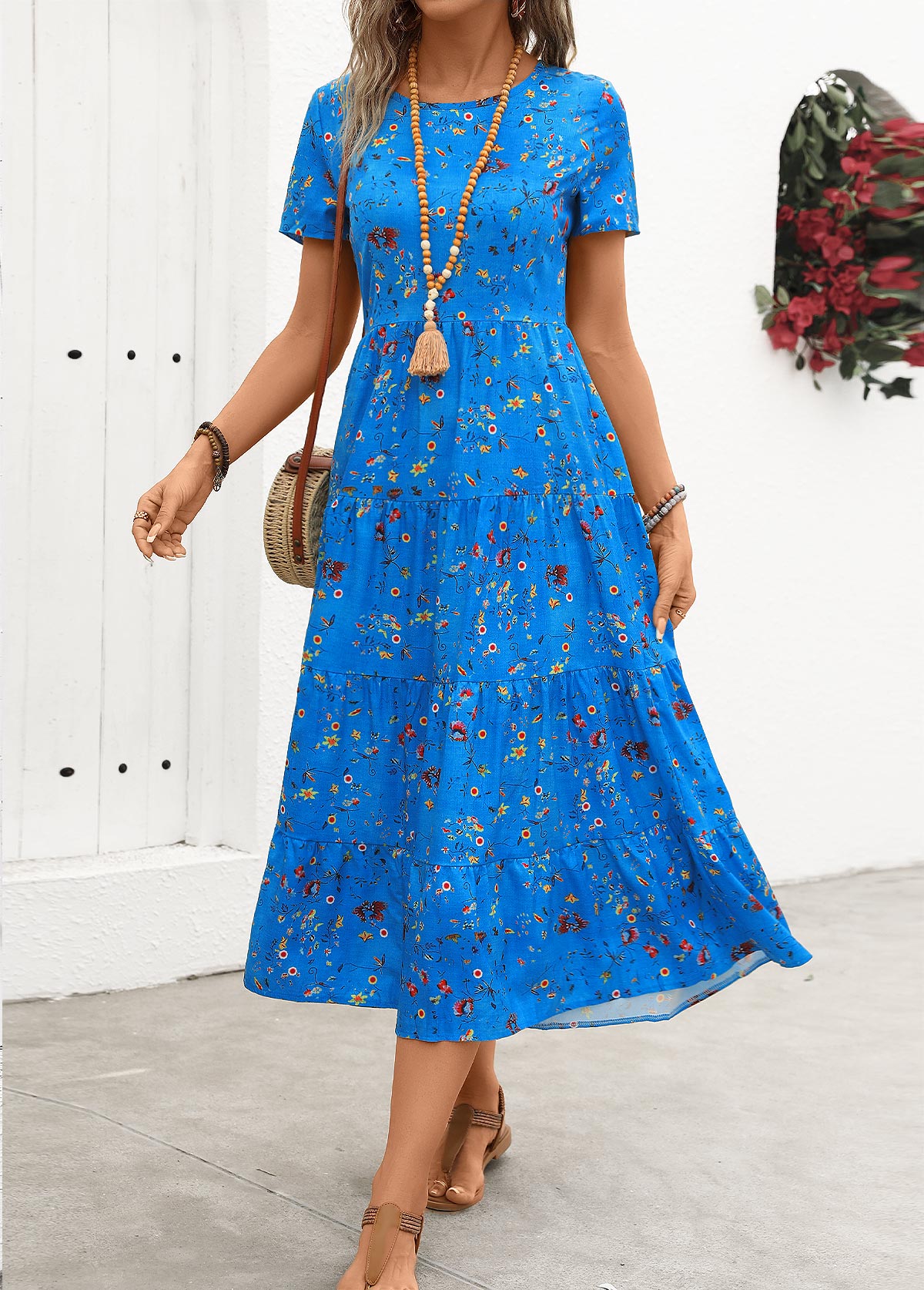Sky Blue Ruched Ditsy Floral Print Short Sleeve Dress