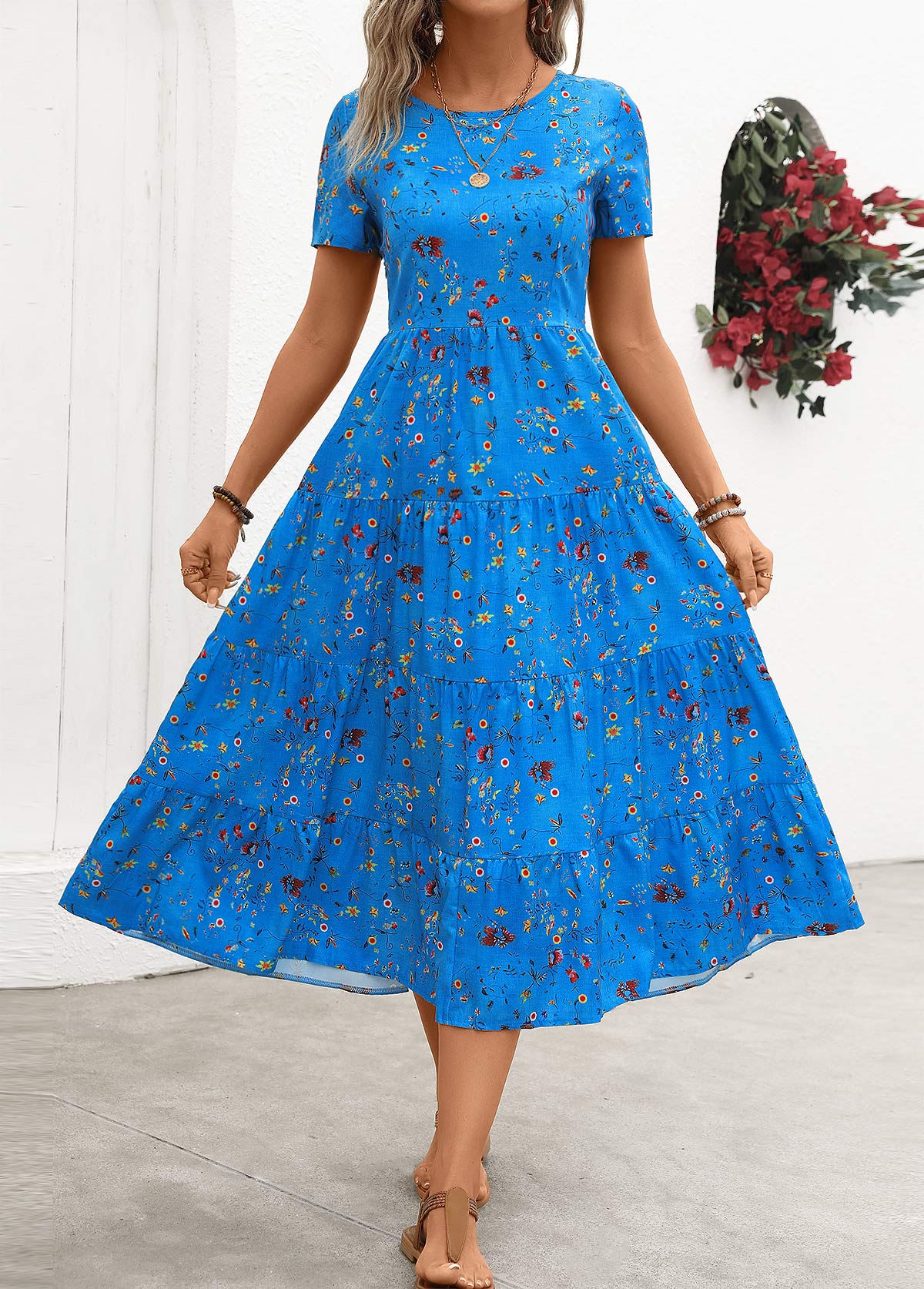 Sky Blue Ruched Ditsy Floral Print Short Sleeve Dress