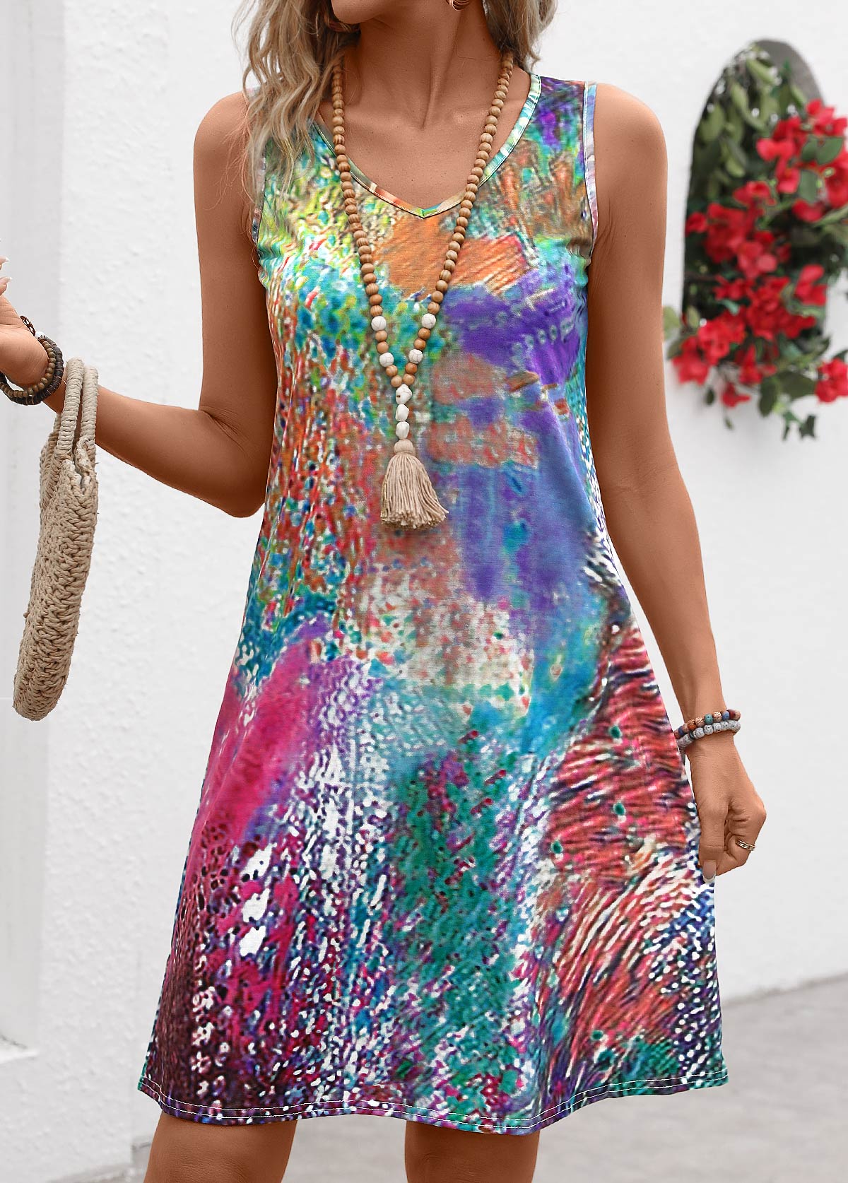 Multi Color Graffiti Print A Line Sleeveless Dress