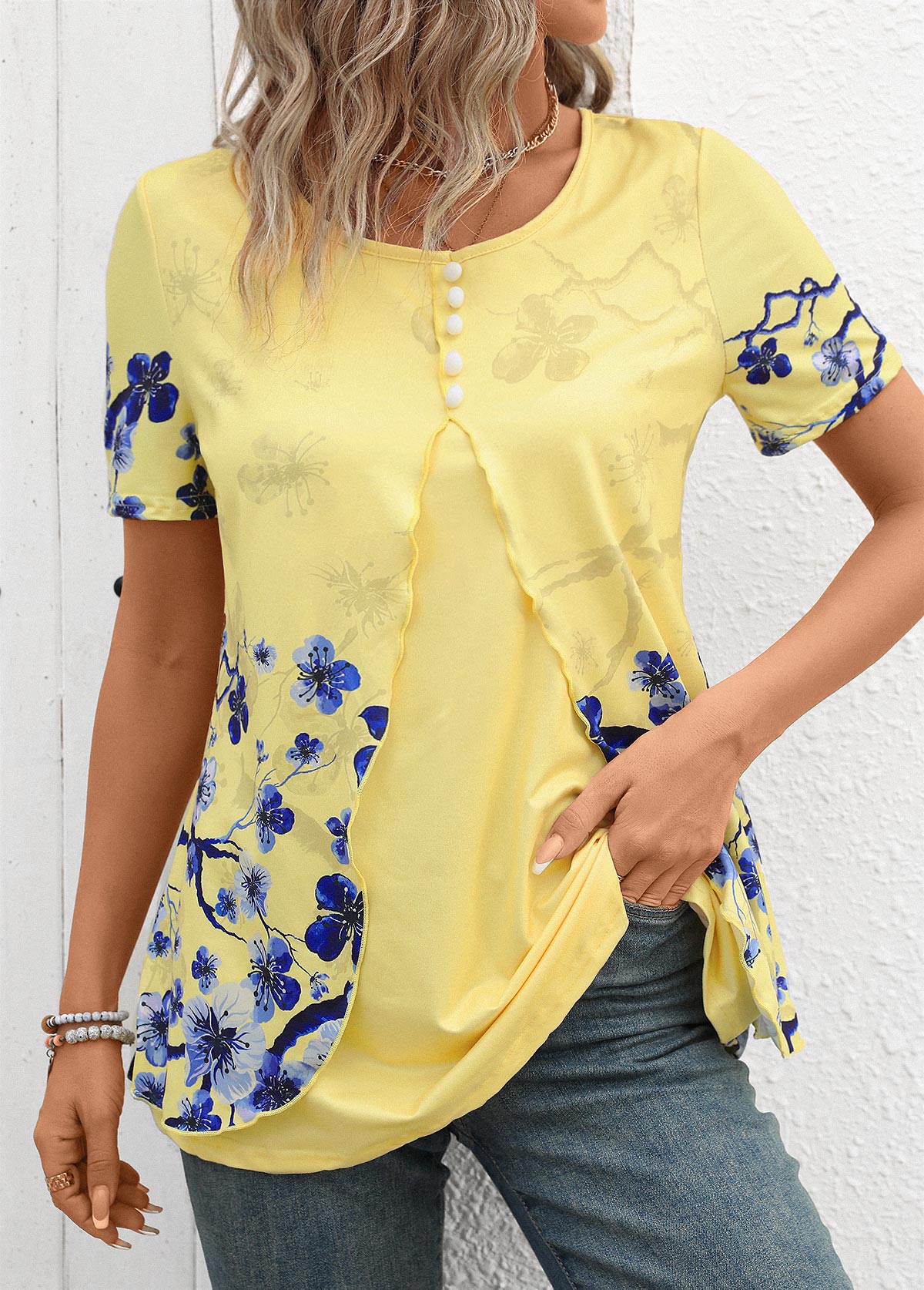 Yellow Layered Floral Print Short Sleeve T Shirt