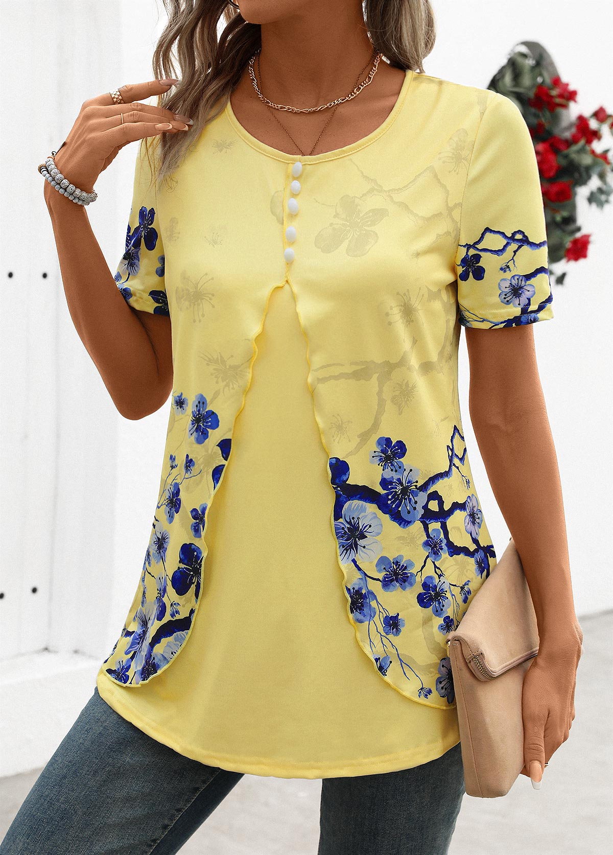 Yellow Layered Floral Print Short Sleeve T Shirt