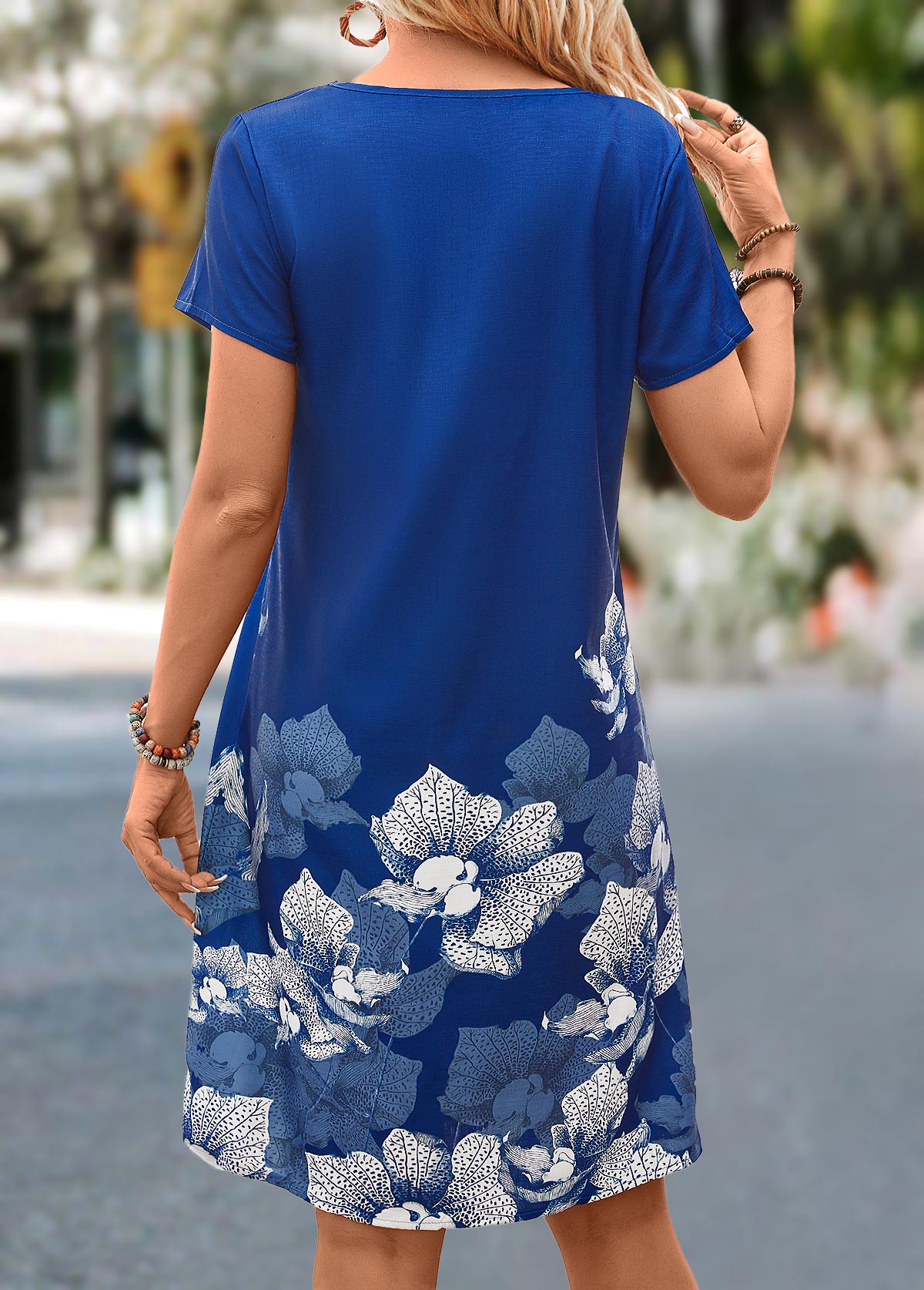 Dark Blue Split Floral Print Short Sleeve Shift Dress