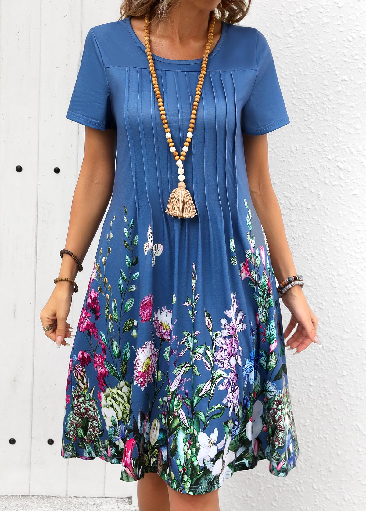 Denim Blue Tuck Stitch Floral Print Short Sleeve Dress | picture 