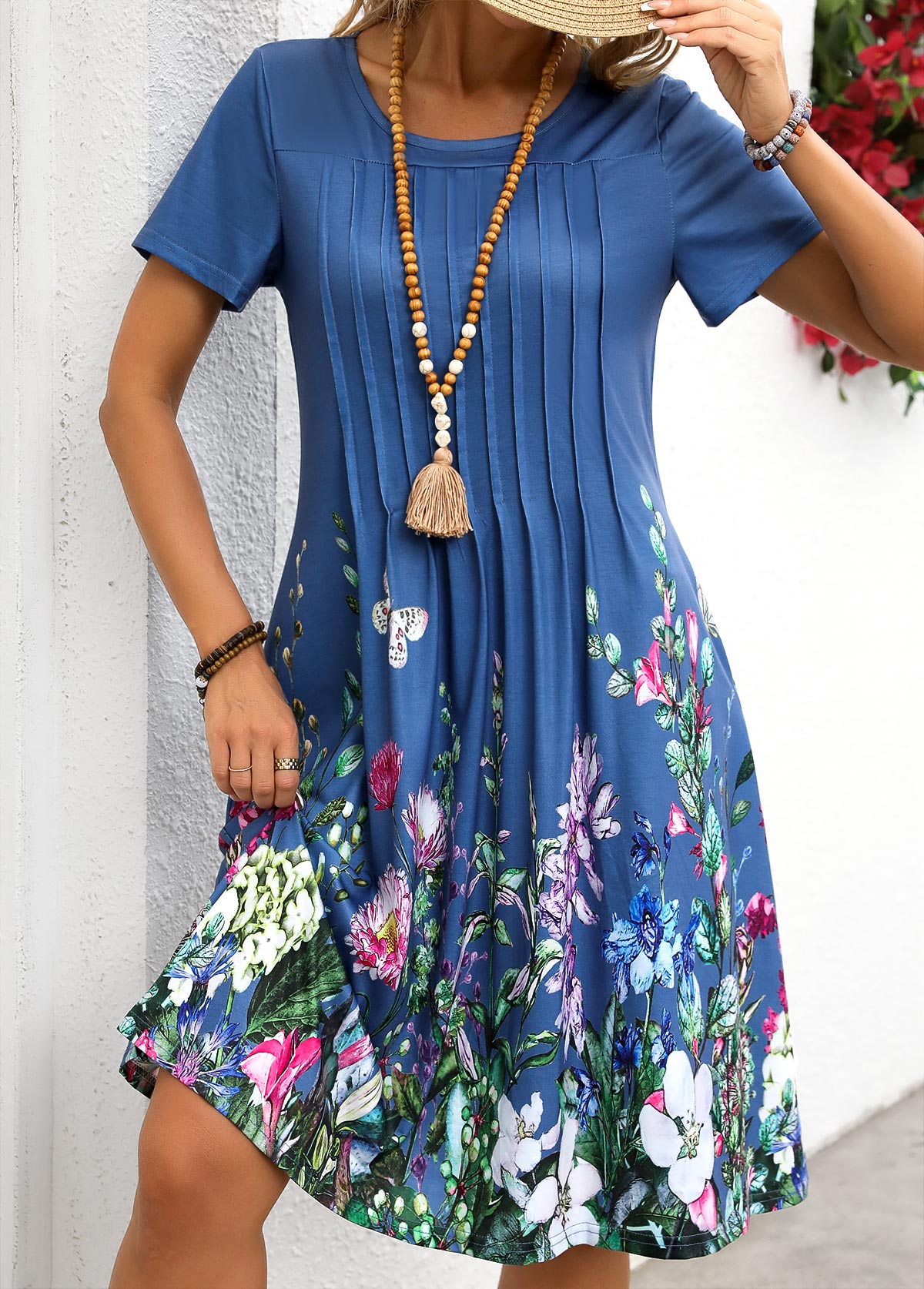 Denim Blue Tuck Stitch Floral Print Short Sleeve Dress | picture 