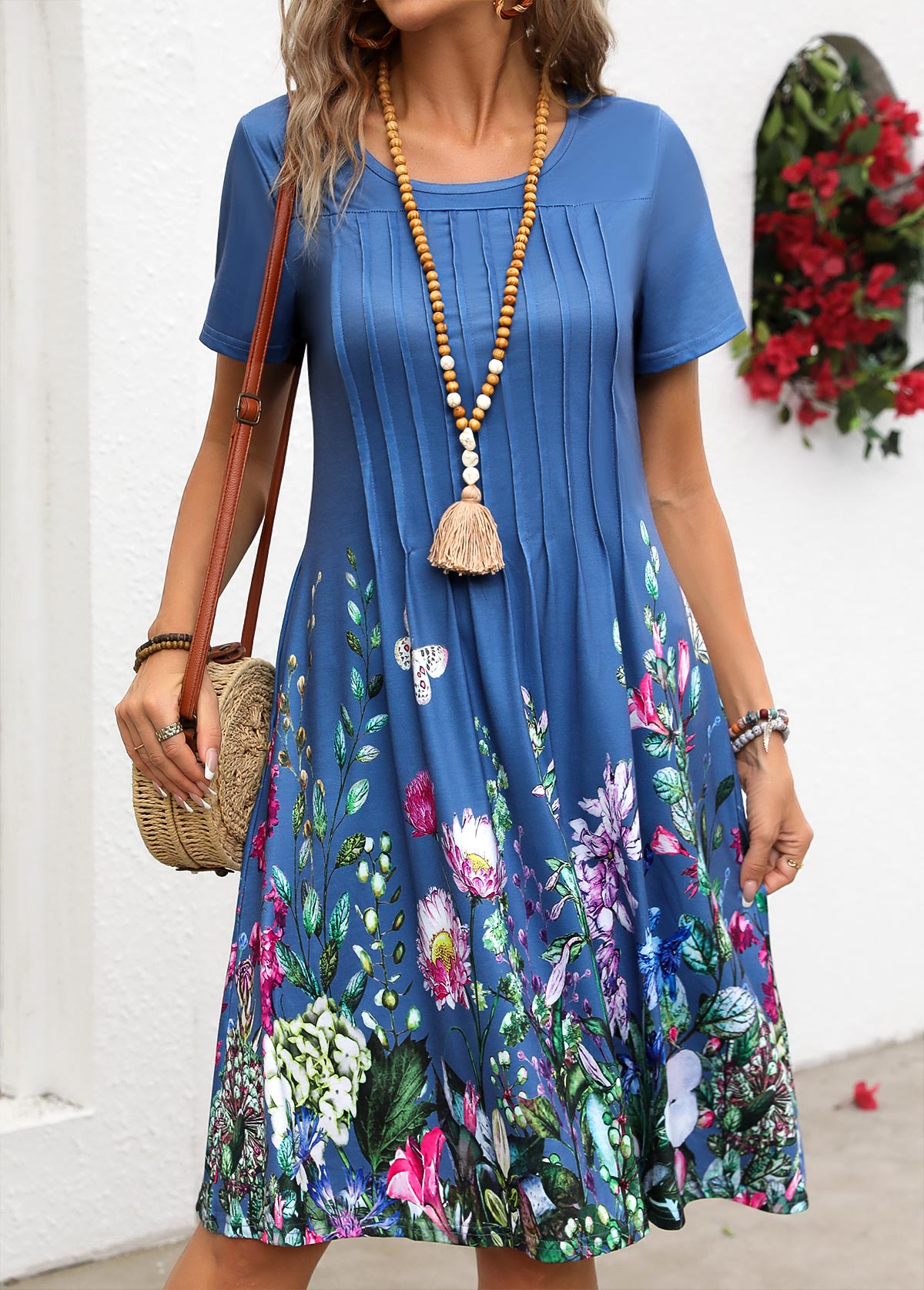 Denim Blue Tuck Stitch Floral Print Short Sleeve Dress
