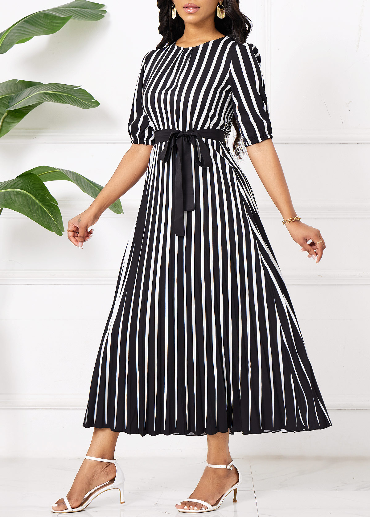 Black Umbrella Hem Striped Maxi Belted Short Sleeve Dress | picture 