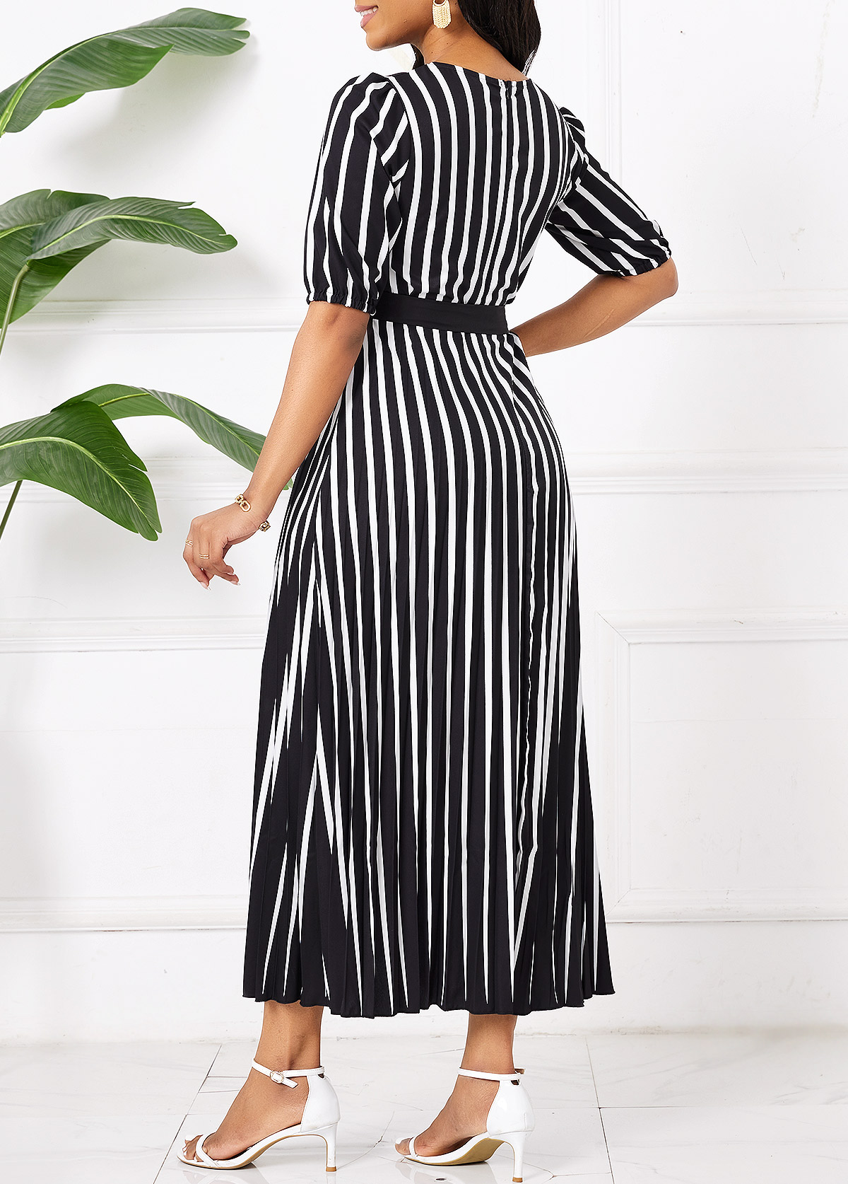 Black Umbrella Hem Striped Maxi Belted Short Sleeve Dress | picture 
