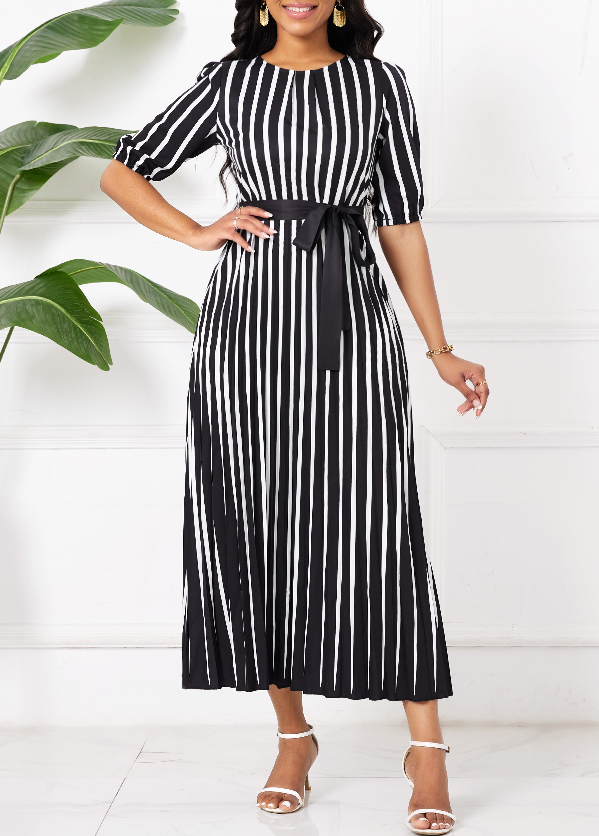 Black Umbrella Hem Striped Maxi Belted Short Sleeve Dress | picture 