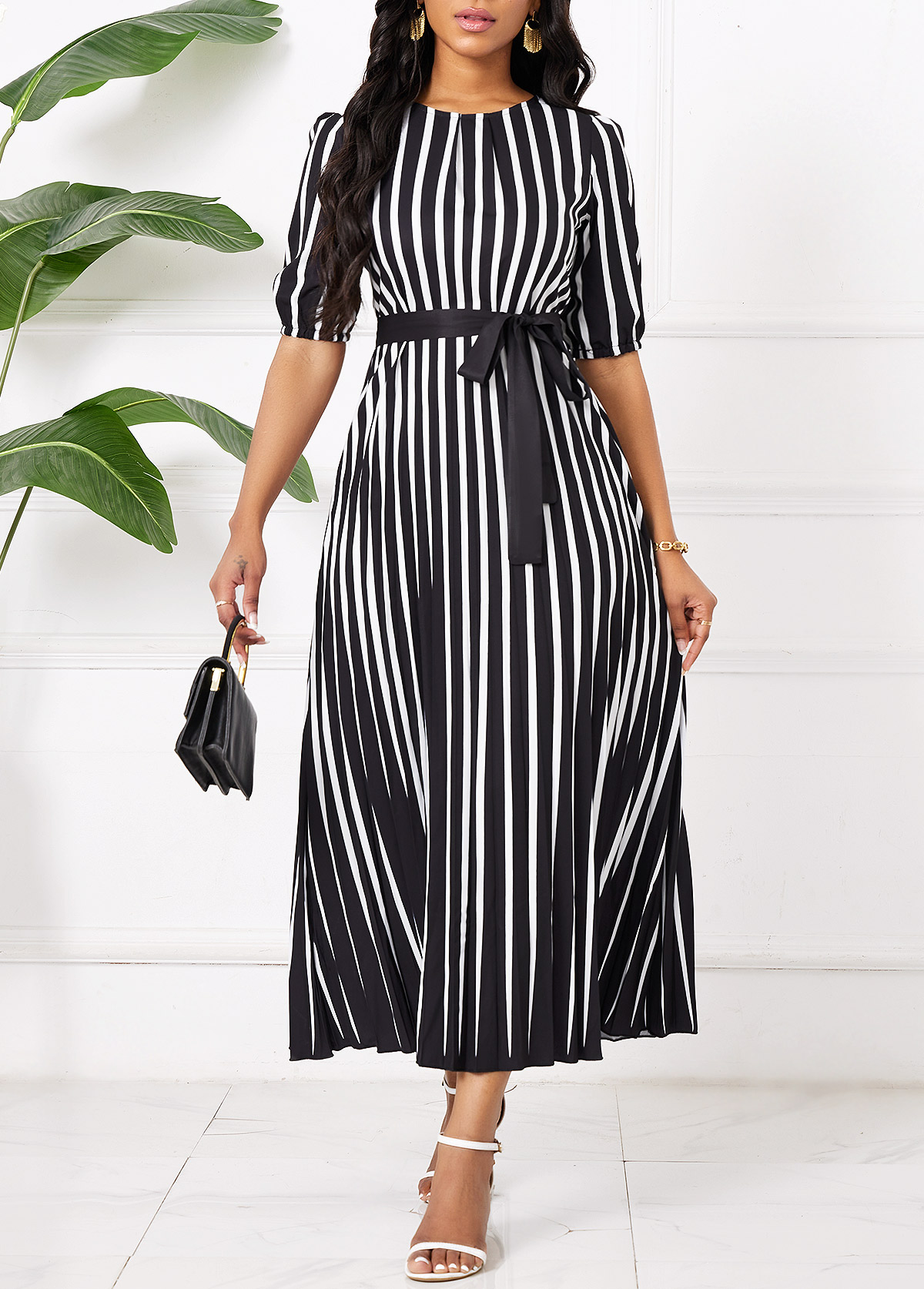 Black Umbrella Hem Striped Maxi Belted Short Sleeve Dress | picture 