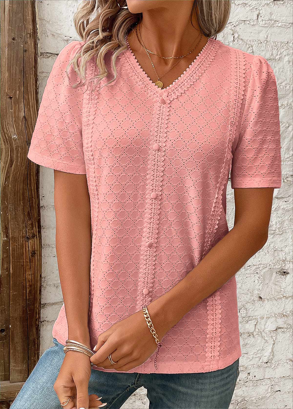 Pink Patchwork Short Sleeve V Neck Blouse | picture 