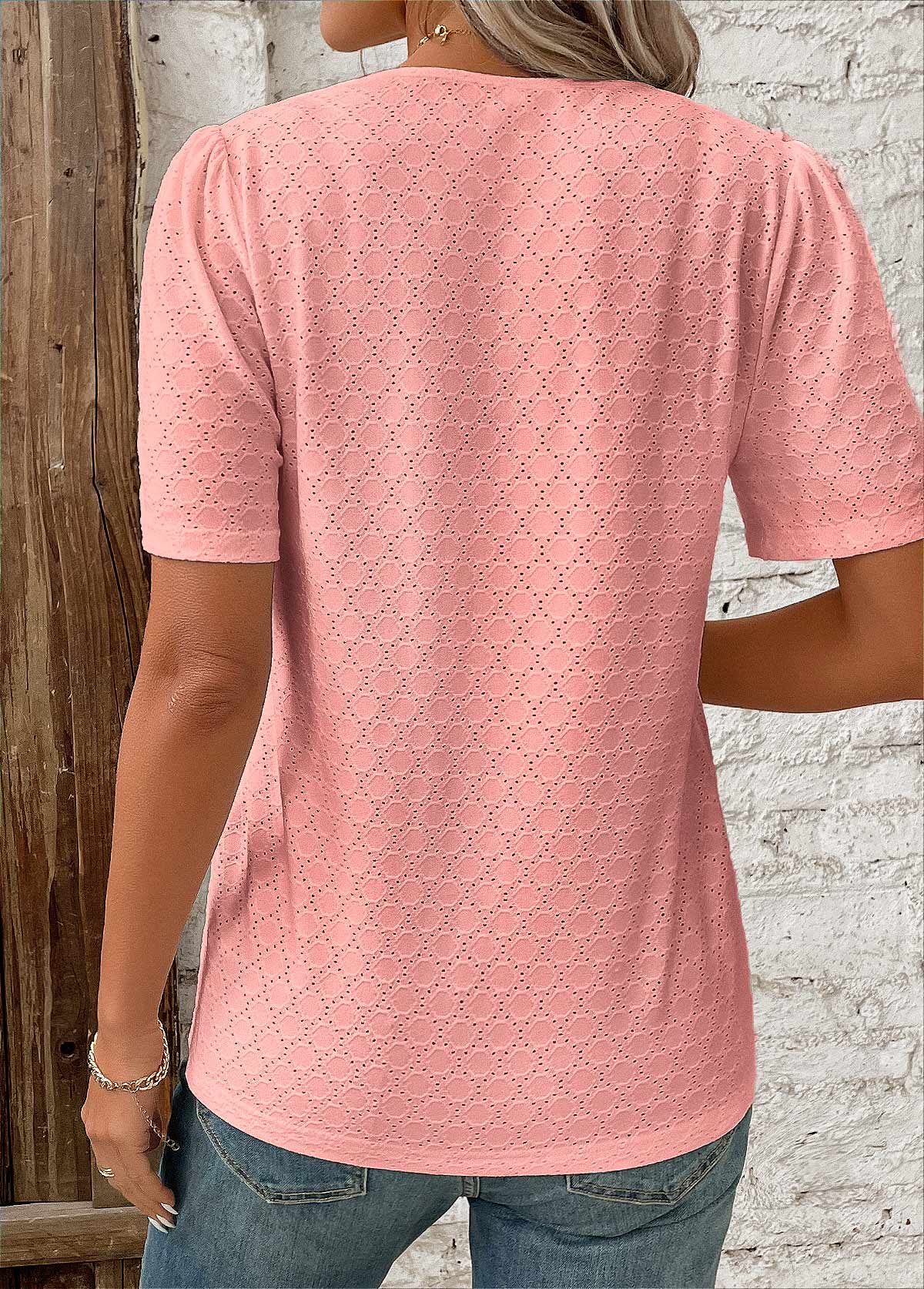 Pink Patchwork Short Sleeve V Neck Blouse | picture 