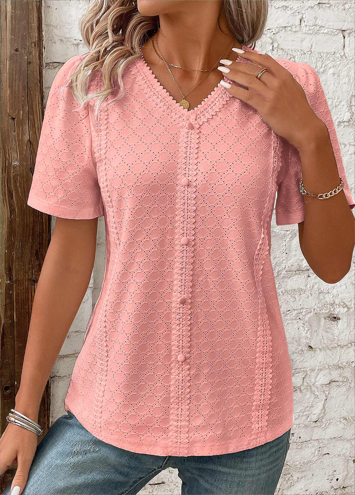Pink Patchwork Short Sleeve V Neck Blouse | picture 