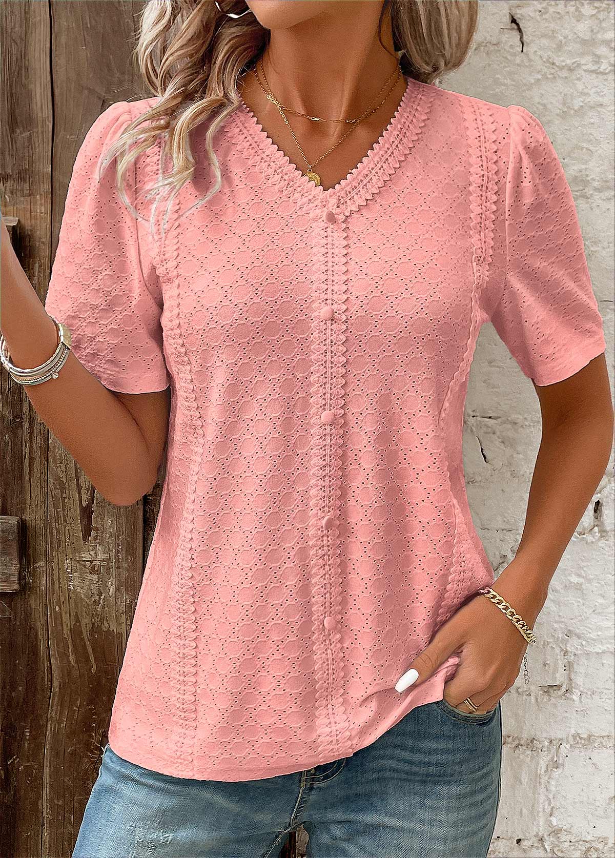 Pink Patchwork Short Sleeve V Neck Blouse | picture 