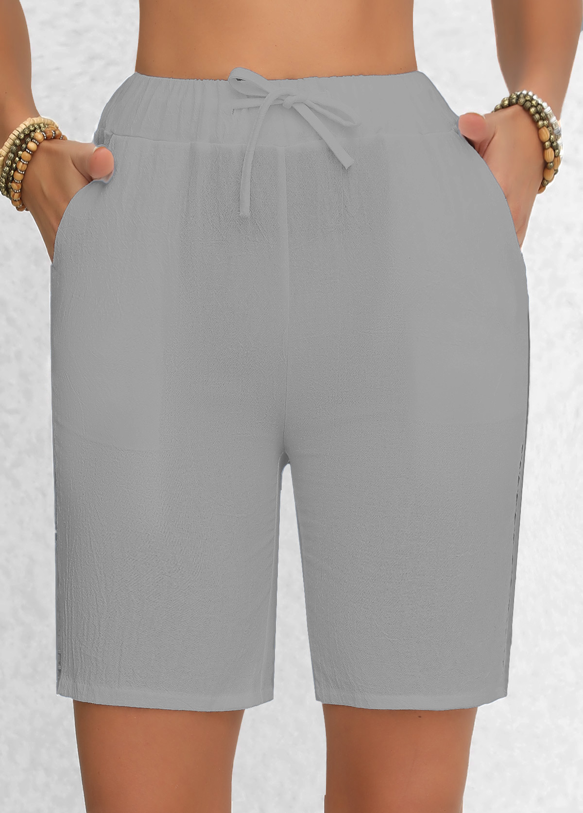 Light Grey Patchwork Regular Elastic Waist High Waisted Shorts