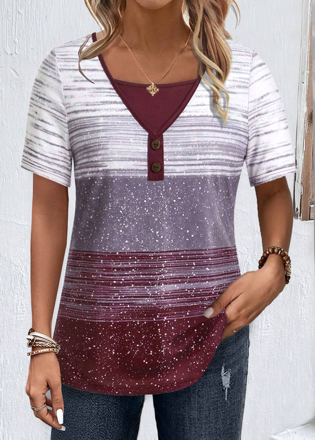 Multi Color Button Striped Short Sleeve T Shirt | picture 