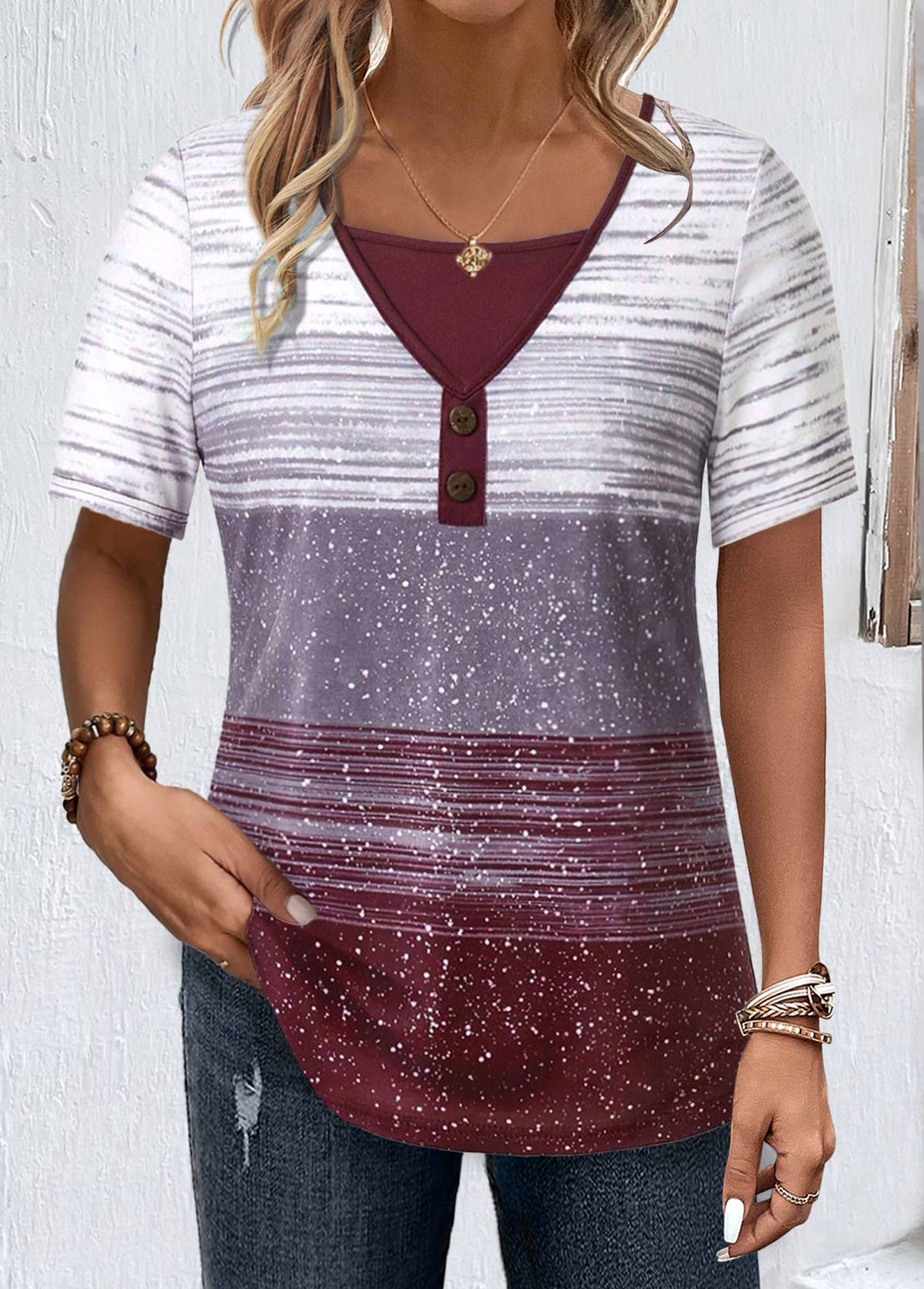 Multi Color Button Striped Short Sleeve T Shirt | picture 