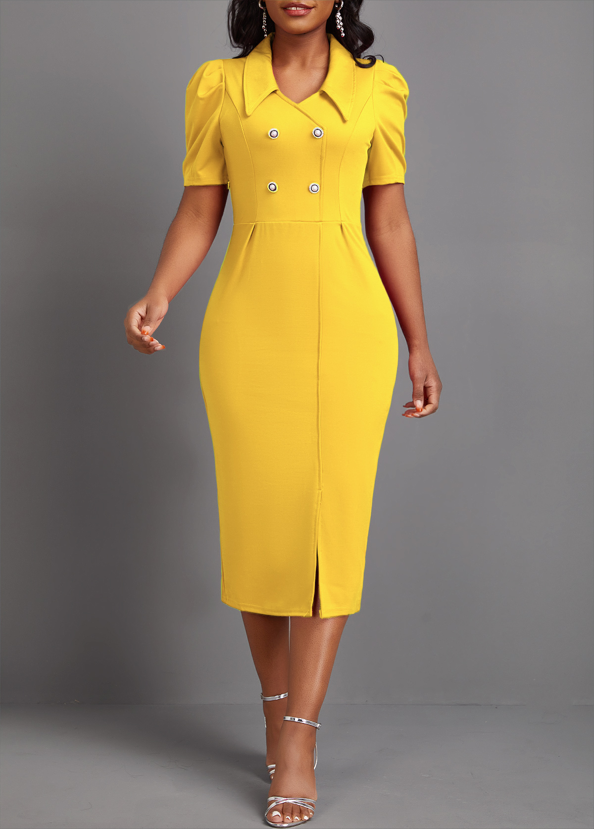 Yellow Button Short Sleeve Bodycon Dress