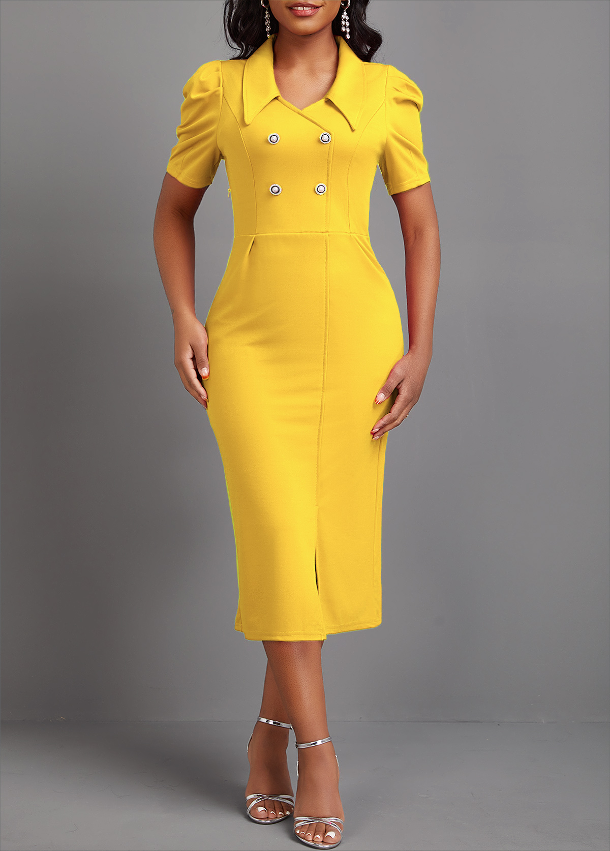 Yellow Button Short Sleeve Bodycon Dress
