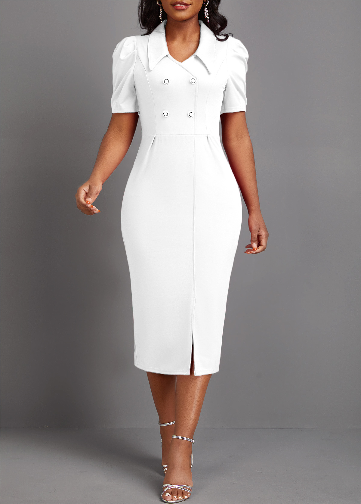 White Button Short Sleeve Bodycon Dress
