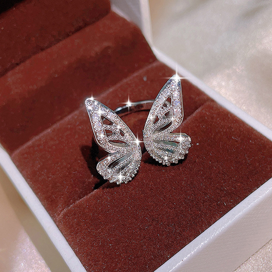 Silvery White Rhinestone Butterfly Copper Ring