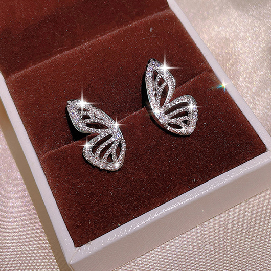 Silvery White Rhinestone Butterfly Copper Earrings
