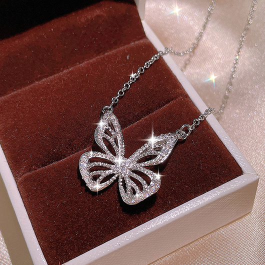 Silvery White Rhinestone Butterfly Copper Necklace