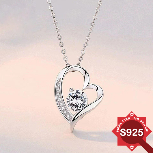 Rhinestone Silvery White Heart 925 Silver Necklace