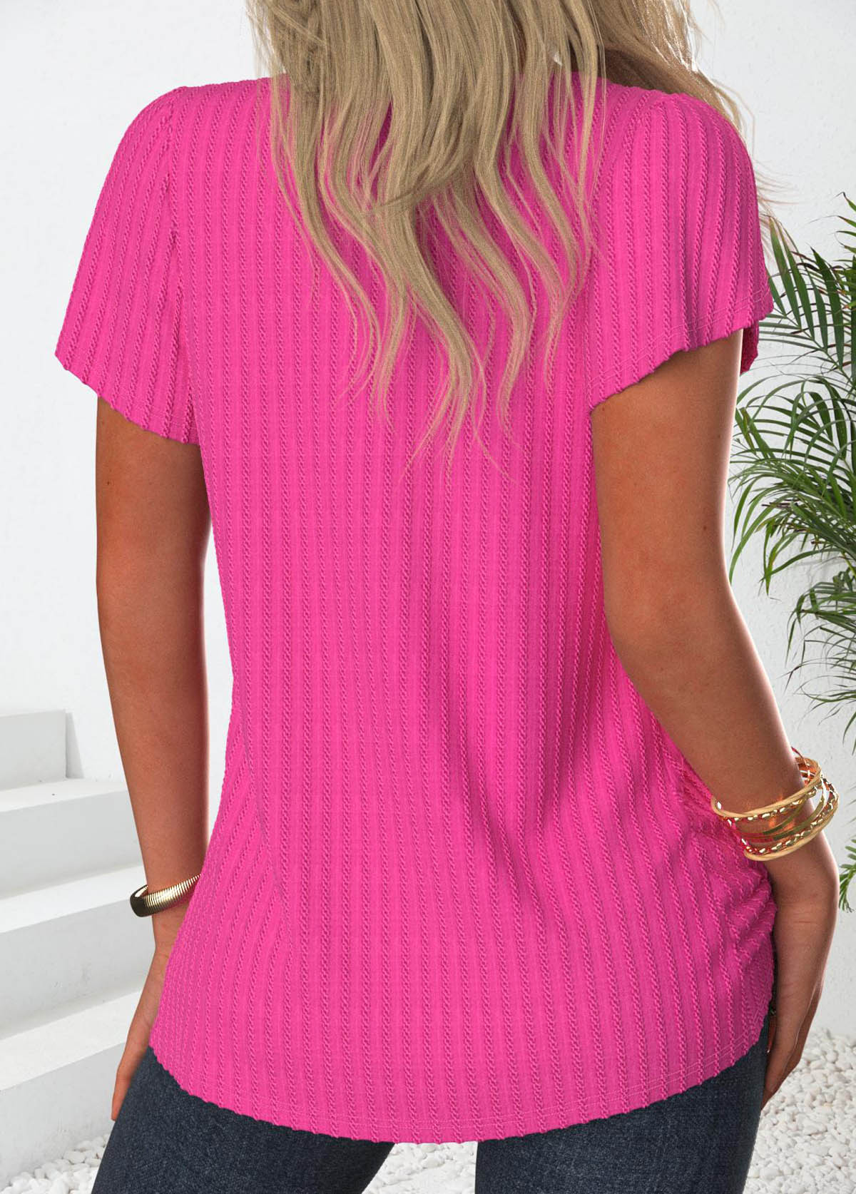 Hot Pink Button Short Sleeve Square Neck T Shirt