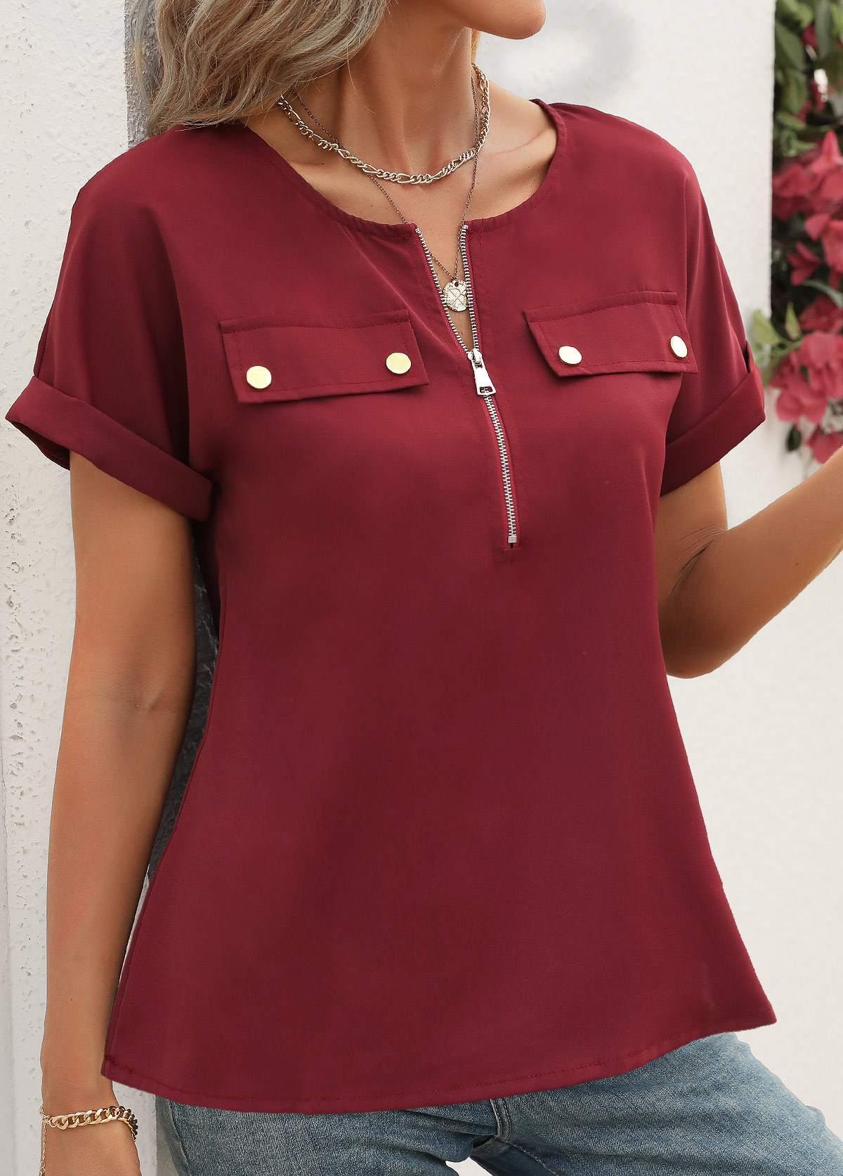 Wine Red Zipper Short Sleeve Round Neck Shirt
