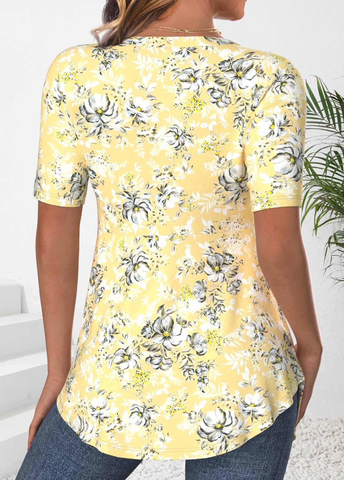Light Yellow Floral Print Fake Two Piece Twinset | picture 